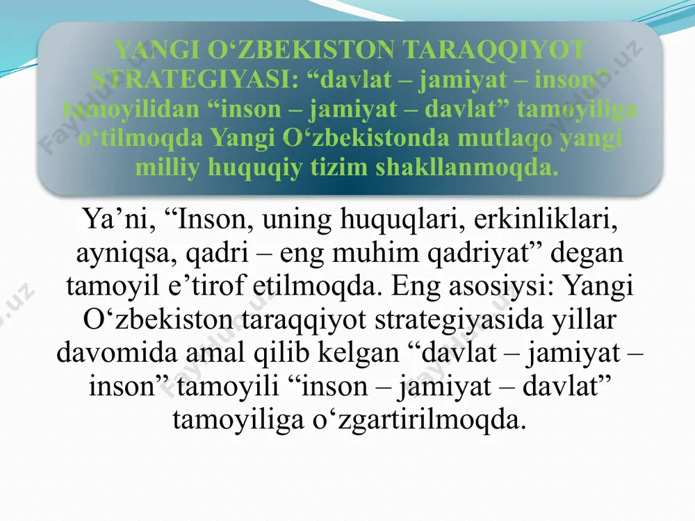 zbekiston poydevorining huquqiy asoslari yaratildi. yangi hujjat – yangi o‘zbekiston taraqqiyot strategiyasi endi yangi o‘zbekistonning poydevorini tiklash va binosini qurishga qaratilgan. bu buyuk bunyodkorlik jarayoni 2026 yilgacha bo‘lgan davrni qamrab oladi va yilma-yil amalga oshirib boriladi. avvalambor, “yangi o‘zbekiston taraqqiyot strategiyasi”, degan nomning mazmun-mohiyatiga muxtasar to‘xtalamiz. zero, bu nomning kelib chiqishi, fikrimizcha, bir qator muhim omillarga borib taqaladi. birinchi omil: ushbu nom yangi o‘zbekiston taraqqiyot strategiyasi – harakatlar strategiyasining mantiqiy davomi ekanini anglatadi. agar harakatlar strategiyasida 5 ta ustuvor yo‘nalish belgilab olingan bo‘lsa, taraqqiyot strategiyasida ham ushbu ustuvor yo‘nalishlar davomiyligi saqlab qolingan. shu bilan bir qatorda, taraqqiyot o‘zgarishlarining yangi tarixiy bosqichda davom ettirilishi ko‘zda tutilgan holda, taraqqiyot strategiyasiga 2 ta yangi ustuvor yo‘nalish qo‘shilyapti. birinchisi – ma’naviy taraqqiyotni ta’minlash bilan bog‘liq bo‘lsa, ikkinchisi – o‘zbekistonning dunyoda yuz berayotgan global muammolarga munosabati negizida belgilangan yangi ustuvor yo‘nalishdir. yangi o‘zbekistonning 2022–2026 yillarga mo‘ljallangan taraqqiyot strategiyasida quyidagi yettita ustuvor yo‘nalish nazarda tutilgan: 1. …