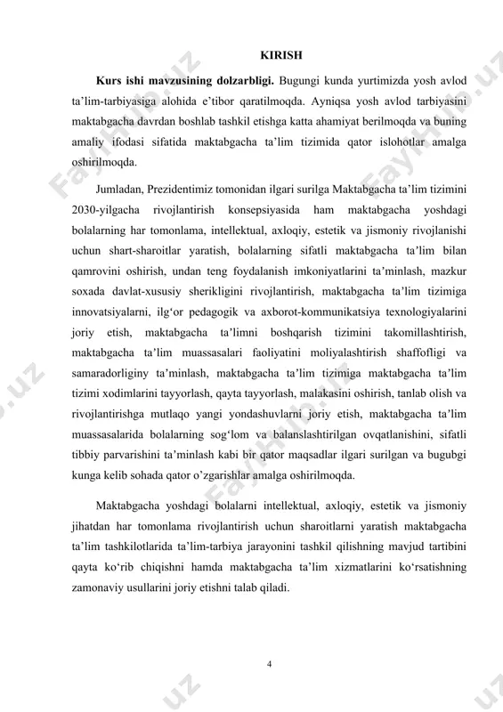 lari o’rganish; kurs ishining predmeti. ixtisoslashgan maktabgacha ta’lim tashkilotlarining umumiy tasnifi. kurs ishining obyekti. ixtisoslashgan maktabgacha ta’lim tashkilotlarining faoliyati kurs ishining metodlari: kuzatish, suhbat va taqqoslash. kurs ishining tuzilishi. kurs ishi kirish, 2 bob, har bir bobda 2 paragraf va foydalanilgan adabiyotlardan iborat. i bob. ixtisoslashgan maktabgacha ta’lim tashkilotlarining umumiy tasnifi 1.1. ixtisoslashgan maktabgacha ta’lim tashkilotlarining maqsad va vazifalari mustaqillik yillarida mamlakatimizda o'zbekiston respublikasining birinchi prezidenti rahbarligida davlat va jamiyat hayotini, jumladan, ta'lim tizimini tubdan yangilash va isloh etish borasida ulkan ishlar amalga oshirildi. istiqlolning dastlabki yillaridayoq prezidentimiz kadrlar tayyorlashning zamonaviy yagona tizimini yaratish g'oyasini ilgari surib: «ta'lim berishning ma’naviy, axloqiy va kasb malakasi bo'yicha tarbiyalashning mutlaqo yangi tizimi ishlab chiqilishi zarur. sifat jihatidan butunlay yangi o'quv das turlari yaratilishi darkor», deya ta'kidlagan edi. davlatimiz rahbarining ushbu fikrlari keyinchalik ta'lim-tarbiya sohasiga oid ko'plab qonunlarning, tegishli me'yoriy hujjatlarning, eng muhimi, butun dunyo jamoatchiligi tomonidan tan olingan kadrlar tayyorlash milliy dasturining yaratilishiga …