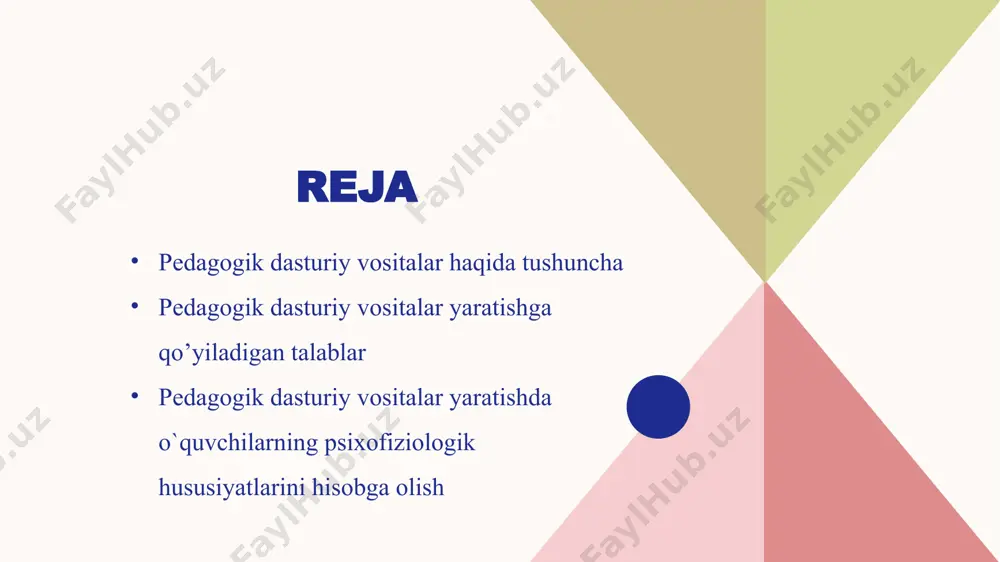 qotning interfaolliligi, o`qitish, tarbiyalash, rivojlantirish va amaliyotning yaxlit birligi. metodik talablarga quyidagilar kiradi: aniq o`quv fanining o`ziga xos xususiyatlarini hisobga olish, ma`lum bir faning o`ziga xosligini hisobga olish, axborotni zamonaviy metodlari o`zaro bog`liqliligi, o`zaro aloqadorliligi, turli-tumanligi, amalga oshirilishi. psixologik talablarga idrok etish, tafakkur diqqati, motivasiya, xotira, tasavvuri, yoshi va individual psixologik xususiyatlarini hisobga olish kiradi. texnik talablarga shaxsiy kompyuterlar va ularning tashqi qurilmalari, test o`tkaziladigan manbalar kiradi. tarmoq talablariga «mijoz-server» arxitekturasi, internet-navigatorlar, tarmoq operasion tizimlari, telekommunikasiya, boshqaruv vositalari kiradi. estetik talablarga quyidagilar kiradi: tartiblilik va ifodalilik bezashning funksional vazifasi va ergonomik talablarga mosligi. maxsus talablarga quyidagilar kiradi: interfaollik, maqsadga yo`nalganlik, mustaqillik va moslashuvchanlik, audiolashtirish, ko`rgazmalilik, kirish nazorati, intellektual rivojlanish, differensiasiyalash kreativlik, ochiqlik, qayta aloqa, funksionalilik, ishonchlilik. ergonomik talablarga quyidagilar kiradi: do`stonalik, foydalanuvchiga moslashish, ekran shakllarini tashkil etish. fanlardan yaratiladigan pedagogik dasturiy vositalar quyidagi metodik talablarga javob berishi kerak: 1. pedagogik dasturiy vositalar – o`quv materialini taqdim etishning tushunchali, obrazli va …
