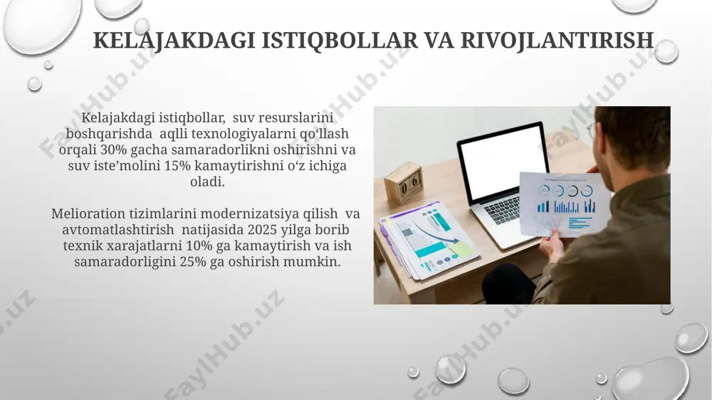 suvga bo'lgan ehtiyojini hisobga olgan holda, sug'orish tizimi tanlanishi, masalan, tomchilatib sug'orish 50% suv tejovchi texnologiya hisoblanadi. meliorativ tadbirlarni tanlashda erning gidravlik xususiyatlari (suv o'tkazuvchanlik koeffitsienti, suv siyimligi), tuproqning mexanik tarkibi va ph kabi 3 ta asosiy parametrni hisobga olish zarur. meliorasya tizimli yondashuvining ta'rifi meliorasya tizimli yondashuvi, 3 bosqichli jarayon bo'lib, 1-bosqichda muammoning aniqlanishi va tahlili, 2-bosqichda strategiya ishlab chiqish va 3-bosqichda natijalarni baholashni o'z ichiga oladi. meliorasya tizimli yondashuvi, 10% nazariy bilimlar va 90% amaliy tajribaga asoslangan bo'lib, bu esa, muammoni hal qilishning samarali usullarini qo'llash imkonini beradi. e'tiboringiz uchun rahmat @taqdimot_robot image3.png image4.jpg image5.jpg image6.jpg image7.jpg image8.jpg image9.jpg image10.jpg image11.jpg image12.jpg image13.jpg image14.jpg image15.jpg image16.jpg image17.jpg image18.jpg image19.jpg image20.jpg image1.png