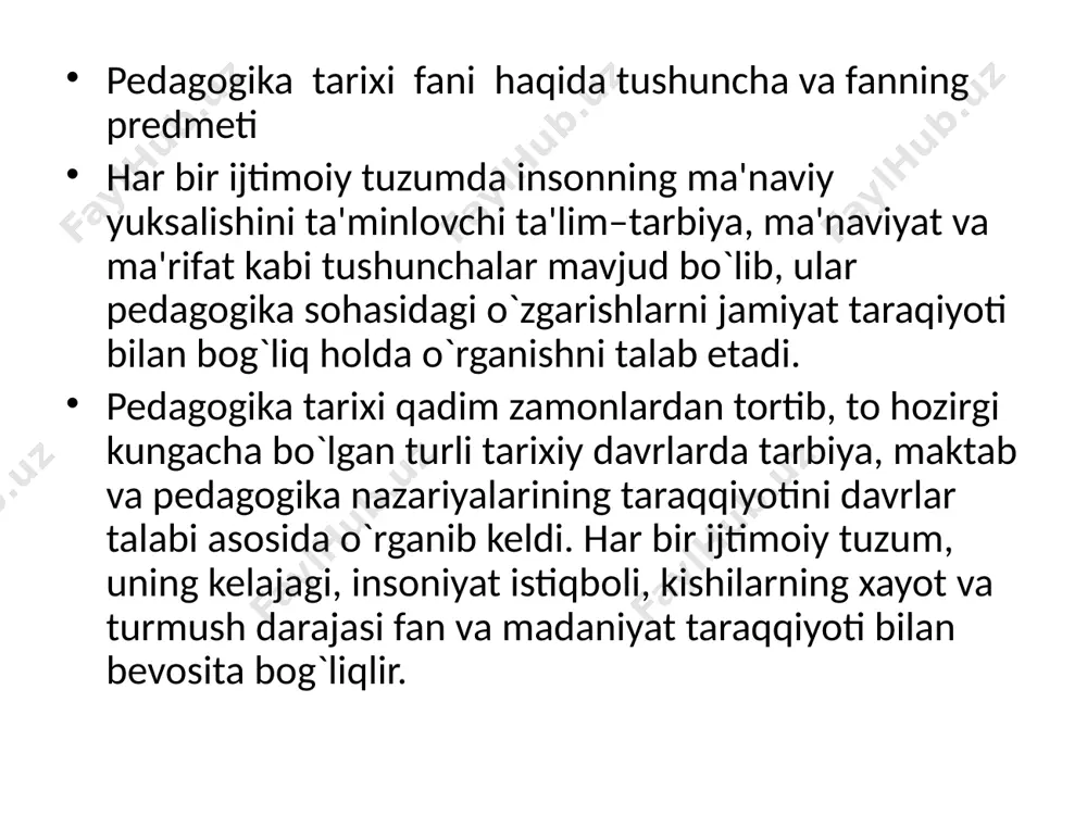 mizning bizga qoldirgan ilmiy me'roslari va tarixiy – tarbiyaviy tajribalarini o`rganib chiqish, ularning yutuqlarini hayotga, ta'lim – tarbiya ishlariga tadbiq etishning ahamiyati kattadir. bu borada a.i.karimovning qo`yidagi so`zlari alohida e'tiborga loyiqdir. «naslu nasabini bilmagan kishi inson sanalmaydi. necha yillar bizni tariximizdan, dinimizdan, ma'naviy merosimizdan g`ofil etishga urindilar. ammo biz hurriyatni orzu etishdan, hurriyat uchun kurishishdan charchamadik. maslagimizni naslu nasabamizni doimo yodda saqladik. ulug` bobokalonlarimiz ruhiga, bashariyat tarixi va madaniyati xazinasiga katta xissa qo`shgan ulug` ajdodlarimizga, ular qoldirgan ulkan merosga munosib bo`lish istagi jamiyatimiz a'zolari orasida keng yoyilishi, har bir fuqaroning ongidan mustahkam joy olishi – bu ham yangi zamonning muhim xususiyatidir». o`zbek xalqi tarixan ta'lim tarbiya sohasida o`ziga xos dorilfunun yaratgan. hatto hozirgi o`zbek xalqi yashab turgan zaminda zardushtiylik dini keng yoyilgan davrda ham nekbin pelagogik mafkura hukm surgan. bu zardushtiylik dinining muqaddas kitobi «avesto»ning bizgacha etib kelgan ayrim sahifalarida o`z ifodasini topgan. biroq islomgacha davr tarbiyashunosligi, fan va madaniyati …