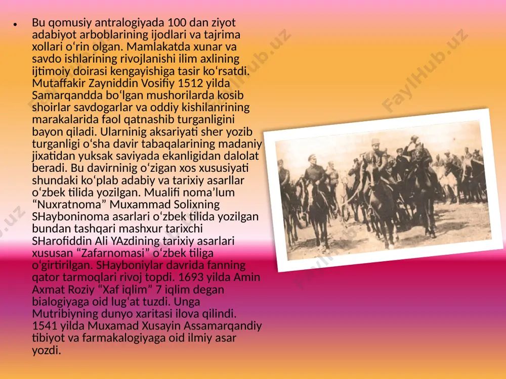 aroy ayollarining kirdikorlarini fosh etadi 19 asrning 30 yillarida shaxrisabizda shoir xromiy xid, fors adabiyotida mashxur bo‘lgan “chor darvesh” va “to‘tinoma ” asarlarini o‘zbek tiliga tarjima qildi xalq dostonlari “yusuf va zulayxo” “toxir va zuxra” “yusuf va axmad” va boshqa dostonlar vujudga keldi. bu davrda markaziy osiyoda 2 turdagi maktab mavjud edti. quymsi maktab va oliysi va madrasa, boshlang‘ich maktabda sabod o‘rgatilar diniy ma’tinlar yotlanar edi. madrasada xam iloxiyat o‘qitilar arab tili giramatikasi, notiqlik sanati, aljabir va xandasa asoslari o‘rgatilgan. xofis, bedil, navoiy asarlari o‘qitilgan o‘za davir shoirlari , fan arboblari musiqani chuqur tushunganlar. bu sanatning rivojiga ulkan xisa qo‘shgan muxamad mug‘aniy, mavlono kavkaviy, rizo samarqandiy nomlari bizgacha yetib kelgan. bu davirda memorchilik yodgorliklari ajralib turadi. samarqanddagi registon maydoni shu davrlda shakilandi. sherdon madrasasi peshtoqida birjuft sher tasvirlangan. tillakori madrasasining nomi tila bilan pardoslangan degan ma’noni bildiradi. 18 asr oxirlarida xiva xonligida tamirldash ishlari avj oldi. olaqulxon madrasasi raxmonquli inoq …