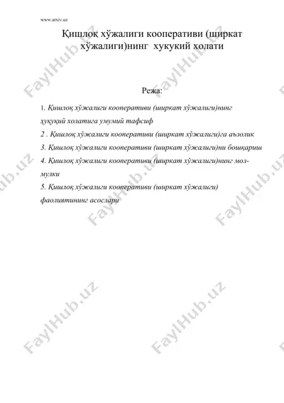 қишлоқ хўжалиги кооперативи (ширкат хўжалиги)нинг хукукий холати — DOC
