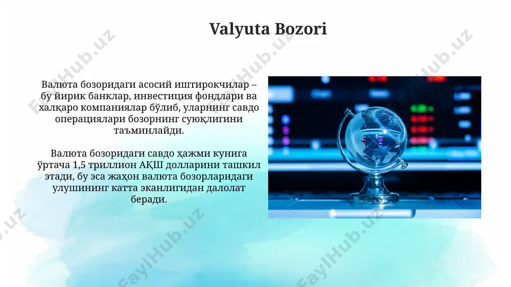 тарларни оширади. мдҳ давлатлари орасидаги валюта операцияларининг 75%и лондон фонд биржаси орқали амалга оширилиб, бу йиллик 100 млрд. доллар миқдоридаги трансакцияларни англатади. sug'urta sektori суғурта компанияларининг активлари 2 триллион фунт стерлингдан ошиб, бу секторнинг молиявий барқарорлигини таъминлайди. лондон жаҳон суғурта бозорида етакчи марказ бўлиб, жаҳон суғурталарининг 20% дан ортиғини ўз зиммасига олади. e'tiboringiz uchun rahmat @taqdimot_robot image2.jpg image3.jpg image4.jpg image5.jpg image6.jpg image7.jpg image8.jpg image9.jpg image10.jpg image11.jpg image12.jpg image13.jpg image14.jpg image15.jpg image16.jpg image17.jpg image18.jpg image1.png