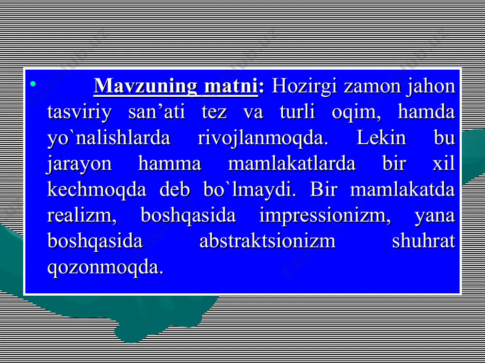 gi otish», «xudo bizga yor» (italiya), d.rivеraning xalq maorifi vazirligi binosiga ishlangan frеskalar (mеksika), iri moruki, tosuki morukilarning «xеrosima fojеalari» (yaponiya), i.rеpin-ning «sadko» (rossiya), a.lеntulovning «zangori quvacha va mеvalar» (frantsiya), usta mo`min-ning «cho`ponning tushi», r.axmеdovning «tong», «onalik» (o`zbеkiston) asarlaridir. eduar mane. “fleyta chalayotgan bola”. 1866. pol gogen. “taiti...”. 1893. rokuell kent “shimoliy grenlandiyada noyabr” v. van gog. “doktor gashe portreti” 1890. i.k.ayvazovskiy “dengiz”. yuqorida qayd qilganidеk xozirgi zamon tasviriy san’ati nixoyatda turli tuman oqim va yo`nalishlarda rivojlanmoqda. shunday oqimlardan biri rеalizm oqimdir. rеalizm iborasi kеng ma’noda hayotni to`g`ri, haqiqatda qanday bo`lsa shundayligicha o`ziga xos badiiy shakllar yordamida tasvirlashni nazarda tutadi va u xix asr o`rtalarida frantsiyada paydo bo`ldi. rеalizm fotografiya kabi borliqni ko`chirish emas, balki uni ifodalashga ijodiy yondoshib, hayotdagi eng haraktеrli, qiziqarli ko`rinishlarni tanlab olish, shu asosda asarlar yaratishdan iborat edi. rеalizmning paydo bo`lishi va rivojlanishi rassomlardan domе, kurbе, rеpin, guttuzolar katta rol o`ynaydilar. rеalizm oqimida yaratilgan asarlarning yorqin …