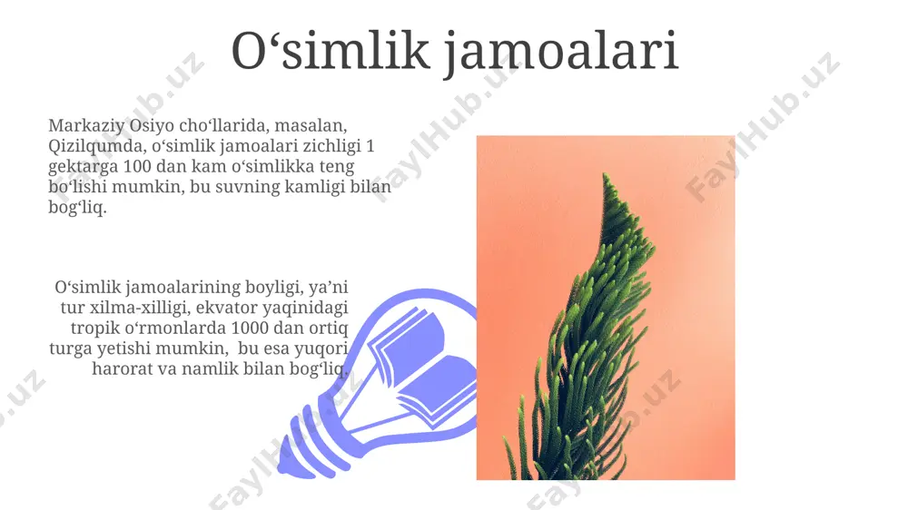 a, yuzlab kilometrlarga tarqalishi mumkin. oʻsimliklarning adaptatsiyasi amazon oʻrmonlaridagi lianalar, 50 metrgacha balandlikka koʻtarilib, quyosh nuriga yetish uchun raqobatbardoshlikka ega boʻlish uchun adaptatsiya qilingan. oʻzbekistonning choʻl hududlarida, 40°c dan yuqori haroratlarda yashovchi ba’zi oʻsimliklar, kserofitlar sifatida, suvni tejash uchun qalin poʻstlogʻi va kichik barglari bilan ajralib turadi. tuproqning taʼsiri tuproqning fizikaviy xossalari, masalan, tuzilishi va namligi, oʻsimliklarning 10% gacha turli xil joylarda, jumladan, samarqand viloyatining choʻl mintaqalarida oʻsishiga taʼsir qiladi. tuproqning biologik faolligi, yaʼni undagi mikroorganizmlar soni va xilma-xilligi, 20-30% gacha oʻsimliklarning kasallikka chidamliligini va unumdorligini, jumladan, xorazm viloyatining qumli tuproqlarida oʻsadigan oʻsimliklarda aniq ko'rsatib beradi. yorugʻlik rejimi 01 02 yoruqlik rejimi o'simliklarning fotosintez jarayoniga sezilarli darajada ta'sir ko'rsatadi, masalan, 1000 lyuks yorug'lik intensivligi tropik o'rmonlarda, 500 lyuks esa mo''tadil iqlimli o'rmonlarda kuzatiladi. sales 1st qtr 2nd qtr 100 0 sales 1st qtr 2nd qtr 100 0 e'tiboringiz uchun rahmat @taqdimot_robot image4.jpg image5.jpg image6.jpg image7.jpg image8.jpg image9.jpg image10.jpg image11.jpg image12.jpg …