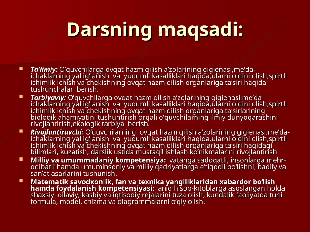 lgan metodlar: hamkorlikda o’qitish texnologiyasi (kichik guruhlarda o’qitish metodi), blits so’rov, test bilan ishlash darsda foydalaniladigan jihozlar: ovqat ham qilish a’zolari tasvirlangan plakatlar, kadoskop,videoproyektor darsning borishi tashkiliy qism: o`quvchilar bilan salomlashiladi, darsning shiori aytiladi, so’ngra ularning darsga tayyorgarliklari tekshirib olinadi. (2 daqiqa) uyga vazifalar tekshirib olinadi. (5 daqiqa) o’tilgan mavzuni takrorlash: sinfdagi o’quvchilar uch guruhga pepsin,amilaza va lipazaga bo’linadilar.har bir guruhga “blits so’rov” metodining tezkor savollari beriladi. pepsin guruhi: 1) odam organizmidagi eng katta bez qaysi? (jigar) 2) jigar hujayralari ishlab chiqaradigan suyuqlik nima deyiladi? (o’t suyuqligi) 3) me’da osti bezining massasi qancha? (70-80 gr) 4) organizmda qand almashinuvini boshqaradigan garmon qaysi? (insulin) 5) ovqat hazm qilishning nerv markazlari qaysilar? (uzunchoq va oraliq miyalar) amilaza guruhi: 1) jigarning massasi qancha? (1500 gr) 2) o’t suyuqligi qayerda to’planadi? (o’t pufagida) 3) hajm jihatdan odam tanasida 2- o’rinda turadigan bez qaysi? (me’da osti bezi) 4) me’da osti bezi ishlab chiqaradigan fermentlar qaysilar?(tripsin,amilaza,lipaza) …