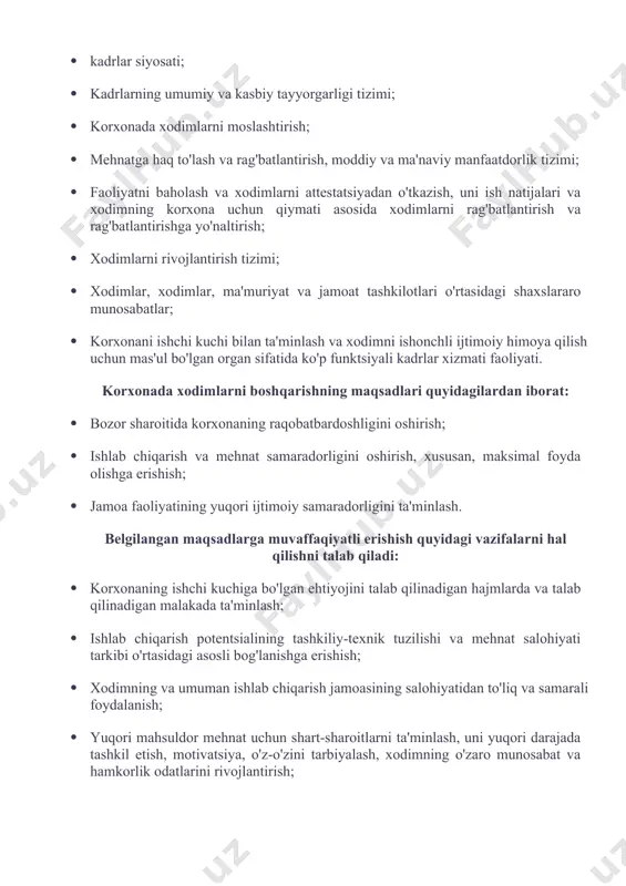 samarali foydalanish; · yuqori mahsuldor mehnat uchun shart-sharoitlarni ta'minlash, uni yuqori darajada tashkil etish, motivatsiya, o'z-o'zini tarbiyalash, xodimning o'zaro munosabat va hamkorlik odatlarini rivojlantirish; · xodimni korxonada birlashtirish, mehnatga sarflangan mablag'larni qaytarish sharti sifatida barqaror jamoani shakllantirish (kadrlarni jalb qilish, rivojlantirish); · xodimlarning mehnat mazmuni, mehnat sharoitlari, bandlik turi, kasbiy malaka va ko'tarilish imkoniyati va boshqalarga nisbatan istaklari, ehtiyojlari va manfaatlarini amalga oshirishni ta'minlash; · ishlab chiqarish va ijtimoiy vazifalarni muvofiqlashtirish (korxona manfaatlari va xodimlarning manfaatlarini muvozanatlash, iqtisodiy va ijtimoiy samaradorlik); · xodimlarni boshqarish samaradorligini oshirish, mehnat xarajatlarini kamaytirish bilan birga boshqaruv maqsadlariga erishish. xodimlarni boshqarish samaradorligi, qo'yilgan maqsadlarni to'liq amalga oshirish ko'p jihatdan korxona xodimlarini boshqarish tizimini o'zi qurish variantlarini tanlashga, uning ishlash mexanizmini tushunishga, odamlar bilan ishlashning eng maqbul texnologiyalari va usullarini tanlashga bog'liq. zamonaviy sharoitda xodimlarni boshqarish tamoyillari va usullari xodimlarni boshqarish - bu tashkilot rahbariyatining, shuningdek, xodimlarni boshqarish tizimi bo'limlari rahbarlari va mutaxassislarining maqsadli faoliyati bo'lib, …