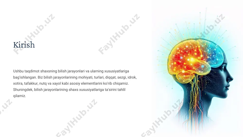 ti sezgi sezgi - bu tashqi ta'sirlarni sezish orqali axborot olish jarayoni. sezgilar bizni atrof-muhit bilan bog'laydi va idrok uchun asos yaratadi. idrok idrok - bu sezgilar asosida axborotni qayta ishlash va anglash jarayoni. idrok bizga dunyoni tushunish va unga moslashish imkoniyatini beradi. o'zaro bog'liqlik sezgi va idrok o'zaro bog'liq. sezgi idrok uchun material beradi, idrok esa sezgilarga ma'no beradi. ushbu jarayonlar birgalikda shaxsning bilish faoliyatini ta'minlaydi. xotira: turlari, jarayonlari va mustahkamlash yo'llari 1 turlari xotiraning asosiy turlari: sezgir (qisqa muddatli), qisqa muddatli va uzoq muddatli. har bir tur axborotni saqlash va qayta ishlashda o'ziga xos rol o'ynaydi. 2 jarayonlari xotiraning asosiy jarayonlari: esda saqlash, saqlash, esga tushirish va unutish. ushbu jarayonlar axborotni xotirada qayta ishlash va saqlashni ta'minlaydi. 3 mustahkamlash yo'llari xotirani mustahkamlash uchun turli usullar mavjud: takrorlash, assotsiatsiya, tizimlashtirish va boshqalar. ushbu usullar axborotni xotirada uzoq muddat saqlashga yordam beradi. tafakkur: shakllari, usullari va rivojlantirish strategiyalari shakllari tafakkurning …