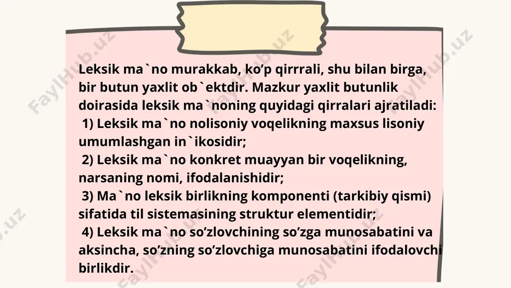 abi so’z birikmasi bilan, «qish…» ko’rinishidagi atov gap, «bu qorbobo yasash mumkin bo’lgan fasldir» kabi gaplar va qishning tavsifini beruvchi matnlar ma`nolari orqali ham ifodalanishi mumkin. ushbu turli sath birliklari bitta denotatni (qish faslini) ifodalamoqda struktur ma`no leksik birlikning til sistemasida tutgan o’rnini belgilovchi formal tavsifidir. struktur ma`no ba`zan ishki lisoniy ma`no deb ham yuritiladi. uning asosida belgilarning bir-biriga munosabati yotadi. struktur ma`noning 2 xil turi mavjud: valentlik, avvalo, mazmuniy bog’lanishga asoslanadi. bunda bog’lanayotgan ikki til birligi o’rtasida umumiy semantik komponent bo’lishi lozim. masalan, daraxt gulladi birikmasida «o’simlik» umumiy semantik komponentdir: daraxt – «tana qo’yib, shox va novdalar shiqarib, tomir otib o’sadigan ko’p yillik o’simlik»; gulladi – «o’simlikning gul oshishi». sintagmatik struktur ma`no leksik birliklarning ketma-ket birikib kela olishini, valentligini ifodalaydi.valentlik leksik birlikning asosiy struktur xususiyatlaridan biri bo’lib, uning boshqa birliklar bilan ketma-ket bog’lana olishining potentsial imkoniyatidir. paradigmatik struktur ma`no pardigmatik ma`no leksik birlikni o’zaro o’xshash leksemalar bilan zidlash asosida …