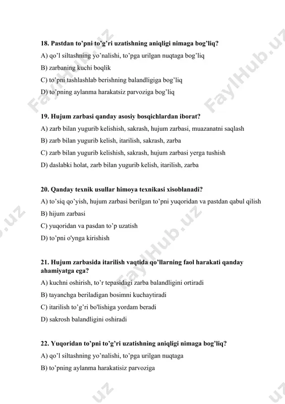 i o’rganish b) video yozuvlarni (sxemalarni) tomosha qilish mashg’ulotlarda sinab ko'rish, musobaalarda qo’llash c) imitatsiya, texnika mashqlari, taktik mashqlar d) raqibsiz, sust raqib bilan, musobaqa shaklida 34. qaysi zonaga to’pni o’yinga kiritish foydali ekanligi to’g’risidagi qaror qandayindividual sifat hisobiga qabul qilinadi a) taktik-tahliliy fikrlash hisobiga b) diktani jamlash va reaktsiya aniqligi hisobiga c) ong, koordinatsiya va xotira hisobiga d) intellektual qobiliyat hisobiga 35. zamonaviy voleybolda jamoalarni jamlashning eng keng taralgan tizimi. a) 5: 1 b) 2: 4 c) 3: 3 d) 4: 2 36. hujumda jamoaviy taktik harakatlarni tashkil etishda nechita o’yinchi qatnashadi? a) 6 b) 3 c) 4 g) 5 37. himoyada jamoaviy taktik harakatlarni tashkil etishda nechita o’yinchi qatnashadi? a) 6 b) 3 c) 2 d) 4 38. tasniflash bo’yicha o’yin taktikasi nimadan iborat? a) hujum taktikasi va himoya taktikasi b) hujum qilish taktikasi va to’siq qo’yish taktikasi c) individual, guruhli va jamoaviy harakatlar taktikasi d) to’pni o’yinga …
