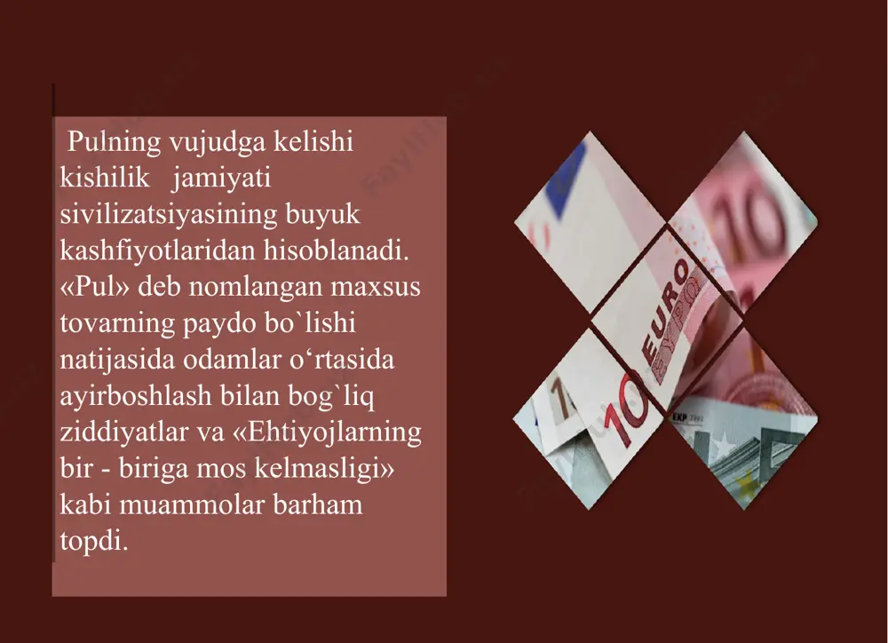 h «a» va «b» tomonlar o‘rtasidagi o‘zaro kelishuv natijasida sodir bo`ladigan jarayon bo`lib, «a» o‘ziga tegishli tovar voki xizmatini «b» tomonning tovar yoki xizmati uchun berishdir, madomiki. ushbu almashuv jarayoni ikki tomonga ham iqtisodiy jihatdan bog`liq bo`lib, «a» tomon voz kechgan tovar yoki mahsulot o‘rniga o`zi uchun zarur bo`lgan, undan ham foydaliroq tovar yoki xizmatni oladi. dehqonchilik chorvachilik hunarmandchilik mehnat taqsimotining paydo bo’lishi iqtisodiy adabiyotlarda pulning vujudga kelishini yoritishda asosiy e'tibor, uning qiymat shaklining rivojlanish evolyutsiyasiga qaratiladi. chunki, pulning vujudga kelishida uning qiymat shakllari juda muhim o'rin tutadi. pulning qiymat shakllari, asosan, beshta ko'rinishdan iboratligi e'tirof etilib, ular yuqoridagilardan iborat: qiymatning kengaytirilgan shakli 02 qiymatning pul shakli qiymatning umumiy shakli 03 04 qiymatning oddiy shakli 01 qiymatning qog’oz-pul shakli 05 bozor munosabatlarining rivojlanishi va mehnat taqsimotining tobora takomillashib borishi metall pullardan ma’lum shakl va miqdorga ega boigan tangalami zarb qilish zaruriyatini keltirib chiqardi. tarixiy manbalarga ko ra, dastlabki metall tangalar …