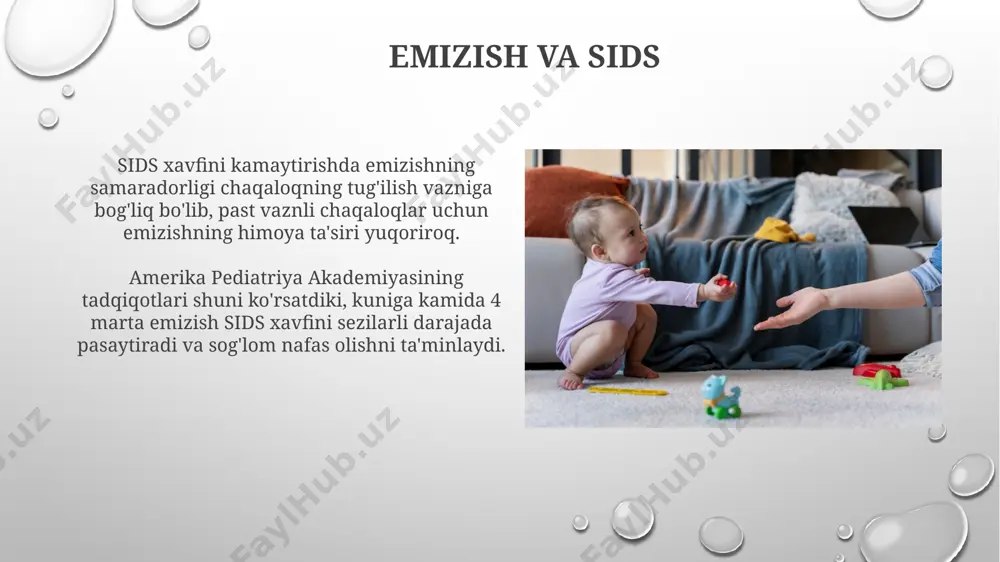 arishi bo'yicha maslahatlar beradi. ota-onalar uchun maxsus qo'llab-quvvatlash guruhlari mavjud bo'lib, ular 70% dan ortiq o'lim holatlarini boshdan kechirgan oilalarga psixologik va amaliy yordam beradi. xavf omillari to'satdan chaqaloq o'limi sindromi (to'sos) ning 20% gacha bo'lgan hollari xavf omillarining aniqlanmaganligi bilan bog'liq. onaning homiladorlik davrida chekish yoki giyohvand moddalarni iste'mol qilishi to'sos xavfini 4 barobarga oshiradi. davolash va tibbiy yordam to'satdan chaqaloq o'limi sindromining (tss) oldini olish uchun sog'lom turmush tarzi, shu jumladan, onaning homiladorlik davridagi to'g'ri ovqatlanishi va chaqaloqni yonma-yon yotishga qo'yish muhim hisoblanadi, bu tss xavfini 50% ga kamaytirishi mumkin. tss ning aniq sababi noma'lum bo'lsa-da, tibbiy tekshiruvlar va otopsi natijalari aniq tashxis qo'yishga yordam beradi. 20 dan ortiq mumkin bo'lgan omillar tekshiriladi, ammo aniq sababni aniqlash har doim ham mumkin emas. e'tiboringiz uchun rahmat @taqdimot_robot image3.png image4.jpg image5.jpg image6.jpg image7.jpg image8.jpg image9.jpg image10.jpg image11.jpg image12.jpg image13.jpg image14.jpg image15.jpg image1.png