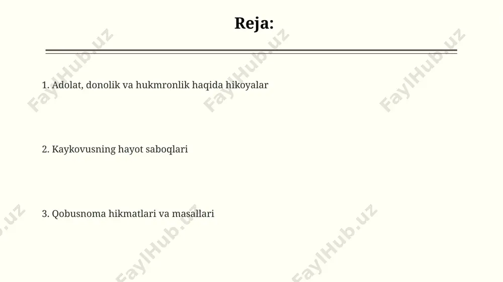 rni aks ettiradi. “qobusnoma”da 11-asrda xorazm hududida yashagan shoh qobus ibn vashmgirning 50 dan ortiq hikmatli hikoyalari va masallari bayon etilgan bo'lib, ular insoniyatning turli xil muammolariga yechim topishga yordam beradi. “qobusnoma”dagi ba’zi hikoyalar, masalan, “shoh va cho’pon” yoki “dono odam va shoir” kabi ertaklar, o'zining sodda, lekin ta'sirli uslubi bilan 12-13 asrlar davomida fors va turkiy tillarda keng tarqalgan. podshoh qobusning masllatlari "podshoh qobusning masllatlari"da sharq va g'arb mamlakatlari, jumladan, xitoy va misr kabi 2 ta turli madaniyat vakillarining hikoyalari o'z aksini topgan, bu esa asarning ko'p qirrali va boyligini namoyon qiladi. kitobda keltirilgan ba'zi masallar insoniy fazilatlar, masalan, adolat, saxovat, sabr-toqat kabi 3 ta asosiy mavzuga bag'ishlangan bo'lib, ularning ahamiyati zamonaviy dunyoda ham dolzarbligicha qolmoqda. "podshoh qobusning masllatlari"da 77 ta hikoya va masal mavjud bo'lib, ularning aksariyati 11-asr buxoro shahrida yashagan podshoh qobusning hayot tajribalari va kuzatishlariga asoslangan. e'tiboringiz uchun rahmat @taqdimot_robot