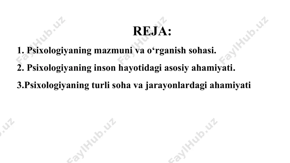 naydi. kadrlar psixologiyasi, motivatsiya va rahbarlik usullari bu jarayonlarni samarali yo‘lga qo‘yishga yordam beradi. shaxsiy o‘sish va hayotiy maqsadlarni belgilash psixologiya insonga o‘z hayotiy maqsadlarini belgilash, unga erishish yo‘lida qiyinchiliklarni yengish, ijobiy o‘zgarishlarga erishish va maqsad sari intilish uchun zarur bilimlarni beradi.. 7. ruhiy kasalliklarni davolash ruhiy kasalliklarni davolash psixologiya depressiya, xavotir, fobiya kabi ruhiy kasalliklarni davolashda muhimdir. psixoterapiya va boshqa davolash usullari orqali ruhiy salomatlikni tiklash va saqlashda yordam beradi. psixologiya depressiya, xavotir, fobiya kabi ruhiy kasalliklarni davolashda muhimdir. psixoterapiya va boshqa davolash usullari orqali ruhiy salomatlikni tiklash va saqlashda yordam beradi. 5. psixologiya inson xulq-atvori psixologiya inson xulq-atvori, his-tuyg‘ulari va ruhiy holatini o‘rganuvchi fan bo‘lib, inson hayotining deyarli barcha jabhalarida katta ahamiyatga ega. quyida psixologiya fanining inson hayotida qanday o‘rin tutishi va uning ahamiyati batafsil yoritilgan. 6.1. o‘z-o‘zini tushunish va rivojlantirish • stress va emotsional muvozanatni saqlash munosabatlarni mustahkamlash 6. o‘z-o‘zini tushunish va rivojlantirish o‘z-o‘zini tushunish va rivojlantirish …