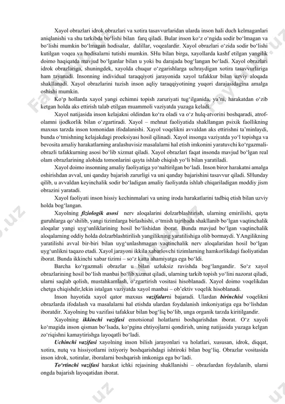 xayol va uning fiziologik asosi haqida tushuncha. idrok, xotira va tafakkur bilan bir qatorda inson hayotiy faoliyatida xayol ham muhim o‘rinni egallaydi. xayol bilish jarayoni bo‘lib, unda voqelik vositali tarzda aks etadi. aks ettirishning vosita materiallari sifatida idrok obrazlari, xotira taassurotlari namoyon bo‘ladi. tafakkur kabi xayol ham o‘tmish tajribasini qayta ishla bilan yangi bilimlarni yaratishga qaratilgan. shunday qilib, xayol – bu real voqelikni aks ettiruvchi taassurotlarni, qayta tuzish va shu asosda yangi taassurotlarni yaratish jarayoni. xayol – bu obraz, tasavvur yoki g‘oya shaklidagi yangilik yaratishning psixik jarayoni. xayol obrazlari idrok obrazlari va xotira tasavvurlaridan ularda inson hali duch kelmaganlari aniqlanishi va shu tarkibda bo‘lishi bilan farq qiladi. bular inson ko‘z o‘ngida sodir bo‘lmagan va bo‘lishi mumkin bo‘lmagan hodisalar, dalillar, voqealardir. xayol obrazlari o‘zida sodir bo‘lishi kutilgan voqea va hodisalarni tutishi mumkin. shu bilan birga, xayollarda kashf etilgan yangilik doimo haqiqatda mavjud bo‘lganlar bilan u yoki bu darajada bog‘langan bo‘ladi. xayol …
