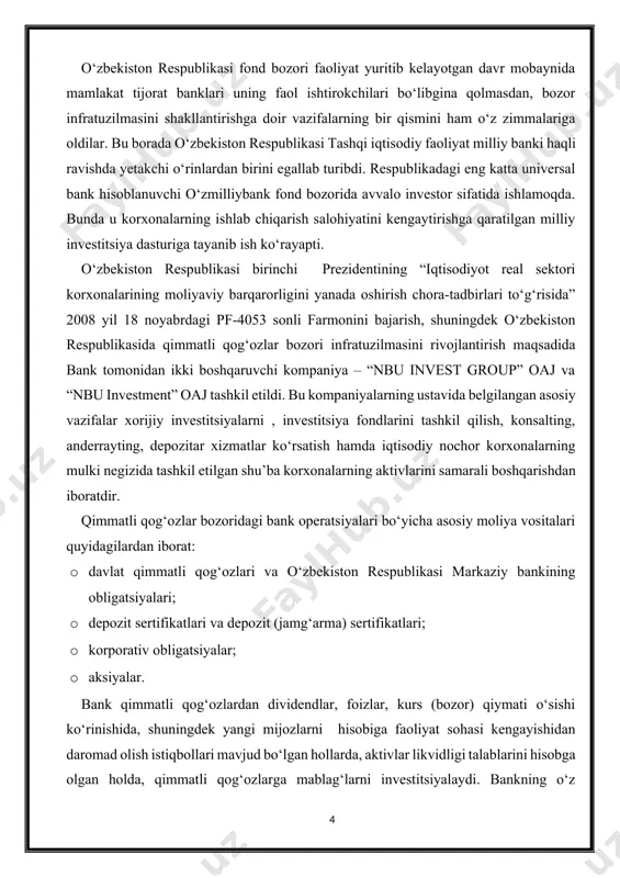 shi va oldi-sotdi vositasi bo‘lishi mumkin. jahon amaliyotida qimmatli qog‘ozlarning har xil turlari ishlatilmoqda. qimmatli qog‘ozlar bozori kredit munosabatlari bilan birgalikda, o‘z qiymatiga ega bo‘lgan, sotish, sotib olish va to‘lovini amalga oshirish mumkin bo‘lgan maxsus hujjatlar (qimmatli qog‘ozlar)ga egalik qilish bilan ham bevosita bog‘liq. qimmatli qog‘ozlar o‘zida mulkchilik huquqini mujassamlashtirgan bozorda erkin aylanadigan, sotib olish-sotish va boshqa bitimlarning ob’ekti bo‘ladigan, doimiy va bir martalik daromad olish manbai bo‘lib xizmat qiladigan, pul kapitalining bir ko‘rinishidagi hujjatdir. qimmatli qog‘ozlar turli sub’ektlar tomonidan chiqarilishi mumkin. umumiy holda bu emitentlar 5 guruhga bo‘linadi: 1. hukumat; 2. davlat korxonalari; 3. xususiy sektor; 4. markaziy bank; 5. chet el sub’ektlari. hamma qimmatli qog‘ozlarni davlat, xususiy yoki xalqaro qimmatli qog‘ozlarga ajratish mumkin. xususiy sektor tomonidan chiqarilayotgan qimmatli qog‘ozlar tarkibiga turli ishlab chiqarish korxonalari, tijorat banklari, investitsion banklar, investitsion fondlar va boshqalarning qimmatli qog‘ozlari alohida o‘rin tutadi. xalqaro qimmatli qog‘ozlar ularning hisoblanadigan valyuta va emitentlari bo‘yicha bo‘linadi. qimmatli …