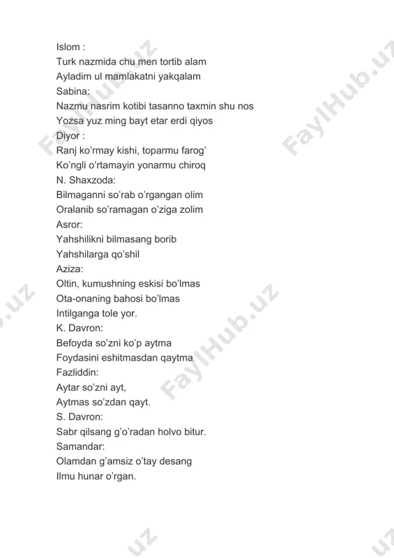 emish el anga shafiq mehribon bo’lmas emish oltin qafas ichra gar qizil gul bitsa bulbulga tikondek oshiyon bo’lmas emush ismoil: har kimki vafo qilsa vafo topg’usidir har kimki jafo qilsa jafo topg’usidir yahshi kishi ko’rmagay yomonlik hargiz har kimki yomon bo’lsa jazo topg’usidir. tohir: kecha kelgumdur debon, ul sarvigulru kelmadi ko’zlarimga kecha tong otguncha uyqu kelmadi lahza-lahza chekdimu chekdim yo’lida intizor keldi jon og’zimgayu ul sarvi gulro kelmadi. sahna: mir a. navoiy va sulton xusayn qizlar raqsi “xay – xay” diyor: a. navoiy o’z asarlarida odamlarni yahshilikka, halol mehnat qilishga, vatanni sevishga chaqiradi. a. navoiyning turkiy tilda birinch 5 ta shox asari “xamsa” ni yaratganlar. yu. aziz: «xayrat ul-abror» so’z gulhaniga erur ancha sharaf kim bo’la olmas anga gavhar sadaf. to’rt sadaf gavharining durji ul etti falak ahtarining burji ul. nigina: «farhod va shirin» bu durlar kim ko’zimni andin ochdi, mening ilmim ila olamga sochding tamannosan hazing ko’nglimdan olma, sochilgan …