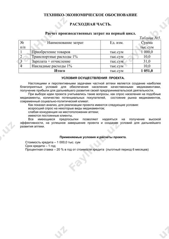 0,0 итого тыс.сум 1 051,0 условия осуществления проекта. настоящими и перспективными задачами частной аптеки является создание наиболее благоприятных условий для обеспечения населения качественными медикаментами, получение прибыли для дальнейшего развития своей предпринимательской деятельности. при выборе идеи проекта учитывались такие вопросы, как спрос населения на подобные медикаменты, количество потенциальных покупателей, состояние рынка медикаментов, современный социально-политический климат. как показал анализ, для реализации проекта имеются следующие условия: возросший спрос на некоторые виды медикаментов; слабая конкуренция на местоположении аптеки; имеются постоянные клиенты. все имеющиеся предпосылки позволяют надеяться на получение высокой эффективности, на успешное завершение проекта и создание условий для дальнейшего развития аптеки. применяемые условия и расчеты проекта. стоимость кредита – 1 000,0 тыс. сум срок кредита – 1 год процентная ставка – 20 % в год от стоимости кредита (льготный период 6 месяцев) расчет окупаемости кредитного проекта. расчетный срок проведения закупки продукции определен пределами не более 5 банковских дней. · применяемая ставка налога– единый налог …