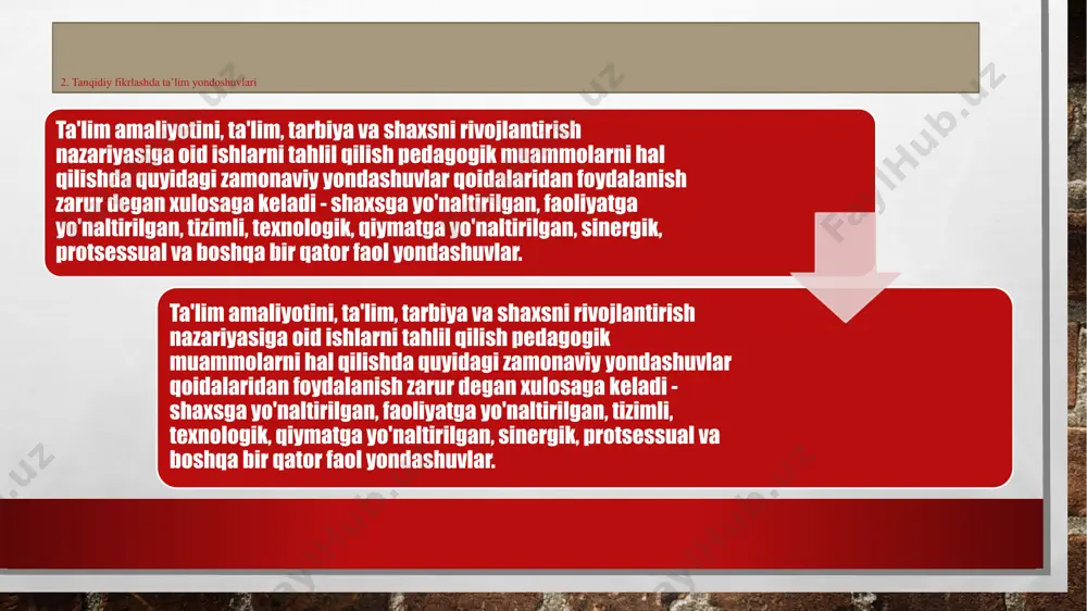n iborat: i - inson tomonidan qadriyatlarni o'zlashtirish; ii - belgilangan qadriyatlarga asoslangan shaxsning o'zgarishi; iii - o'z-o'zini proektsiyalash yoki shaxsiyat prognozi. bundan tashqari, har bir bosqich u yoki bu mexanizm orqali amalga oshiriladi: i - qadriyatlarni izlash va baholash orqali o'zlashtirish; ii - qiymatlarni baholash va tanlash orqali transformatsiya; iii - qiymatlarni tanlash va proektsiyalash orqali prognoz qilish. 3. kreativ fikrlashda “spektizm” yondoshuvini qo’llanilishi skeptik yondashuv nima? kreative fikirlashda skeptitsizm ma'lum bir da'voga shubha qilishdan ko'ra ko'proq dunyoqarashni anglatadi. bu shunchaki dalil talab qilishdan tashqari, dalilning o'zini shubha ostiga qo'yadigan yondashuv. keng ma'noda, skeptitsizm - bu dunyo haqida hech narsani aniq bilib bo'lmaydi, degan qarash. skeptizmning asosiy tushunchasi nima? skeptizm - bu insonning ma'lum bir yoki to'liq bilimlarini imkonsiz deb bilish. hatto dunyoni o'rganishning eng yaxshi usullari ham ba'zan to'liq ishonchga ega emasligi sababli, skeptiklarning ta'kidlashicha, aqlning shubhali mahsulotlariga tayangandan ko'ra, e'tiqodni to'xtatgan ma'qul. skeptizmning uchta turi qanday? skeptiklarning …