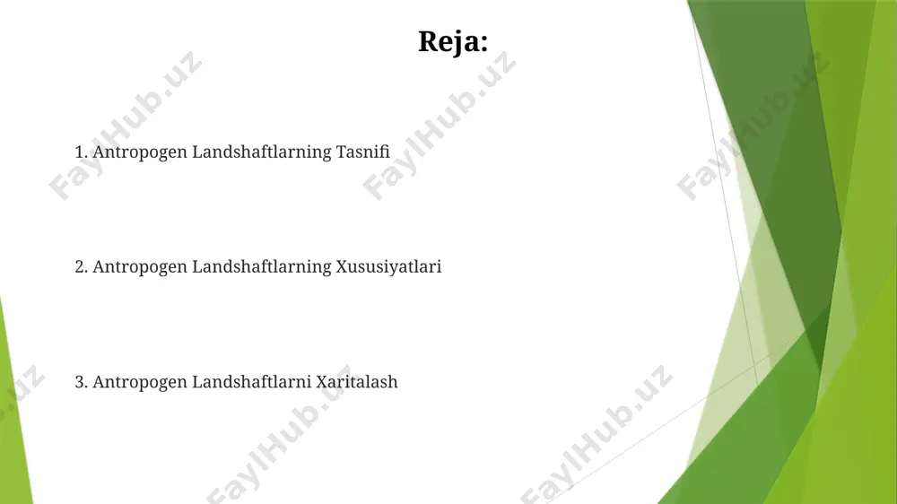aqin turdagi oʻsimliklarning qayta tiklanishi kuzatildi va eroziya jarayonlari 15% kamaydi. qishloq xo'jaligi landshaftlari qoraqalpog'iston respublikasining cho'l mintaqalarida 15000 gektar maydonni egallagan qishloq xo'jaligi landshaftlari suv resurslari boshqaruvi va tuproq unumdorligini oshirish orqali 2-3 baravar hosildorlikni ta'minlaydi. qishloq xo'jaligi landshaftlari o'zbekistonning farg'ona vodiysida, taxminan 20000 gektar maydonni egallab, intensiv paxtachilik va bog'dorchilik bilan tavsiflanadi, bu yerda 3 dan ortiq turdagi hosil yetishtiriladi. xulosa ўзбекистоннинг антиропаген ландшафтлари 3 та асосий гуруҳга бўлинади: тоғли, чўл ва ўрмонли ҳудудлар, уларнинг ҳар бири 10 дан ортиқ кичик типга эга. қорақалпоғистон республикасидаги антиропаген ландшафтларнинг 25% дан ортиғи чўл ва ярим чўл ҳудудларини ташкил этади, бу ерларда эрозия жараёнлари 50%гача юқори. tabiiy landshaftlar va antropogen ta'sir o'zbekistonning farg'ona vodiysidagi 1500 km² maydon antropogen ta'sir natijasida 3 ga yaqin tabiiy landshaftlar turini yo'qotgan, buning o'rniga sun'iy ekinzorlar paydo bo'lgan. toshkent viloyati hududida 10 yil ichida sanoat korxonalarining faoliyati tufayli havo ifloslanishi 2 barobar oshgan bo'lib, bu 3 …