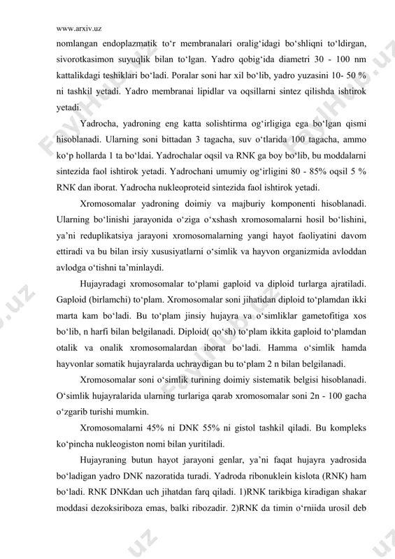 ar somatik hujayralarda uchraydigan bu to‘plam 2 n bilan belgilanadi. xromosomalar soni o‘simlik turining doimiy sistematik belgisi hisoblanadi. o‘simlik hujayralarida ularning turlariga qarab xromosomalar soni 2n - 100 gacha o‘zgarib turishi mumkin. xromosomalarni 45% ni dnк 55% ni gistol tashkil qiladi. bu kompleks ko‘pincha nukleogiston nomi bilan yuritiladi. hujayraning butun hayot jarayoni genlar, ya’ni faqat hujayra yadrosida bo‘ladigan yadro dnк nazoratida turadi. yadroda ribonuklein kislota (rnк) ham bo‘ladi. rnк dnкdan uch jihatdan farq qiladi. 1)rnк tarikbiga kiradigan shakar moddasi dezoksiriboza emas, balki ribozadir. 2)rnк da timin o‘rniida urosil deb ataluvchi piramidin asos bor. 3)rnк molekulasi juda ham uzun, bundan tashqari rnк molekulalari ikki ipcha o‘rniga bir ipchadan tuzilgan bo‘ladi. xromosomalar tarkibida dnк va giston oqsili borligi allaqachon aniqlangan. genlarning asosiy qismini oqsil tashkil qiladi degan fikir mavjud edi. кeyinchalik genlarning asosiy moddasi dnк ekanligi isbotlandi, giston faqat genlar faolligini nazorat qilib turadi. har bir tur organizimda o‘ziga mos genlar to‘plami …