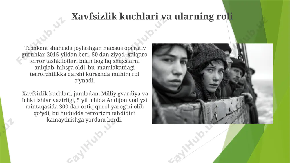 лишига қарши курашда аниқ натижаларни берди, бу ўзбекистоннинг халқаро терроризмга қарши курашдаги ҳиссасини оширди. terrorizmga qarshi kurashda fuqarolik jamiyatining roli terrorizmga qarshi kurashda fuqarolik jamiyati tashkilotlari, xususan, 2017 yildan keyin samarqand va buxoro viloyatlarida 5000 dan ortiq yoshlarni radikalizmning xavflaridan himoya qilish bo'yicha o'quv dasturlarida ishtirok ettirdi. fuqarolik jamiyati vakillari tomonidan olib borilgan 300 dan ortiq tadbir, jumladan, ommaviy axborot vositalari orqali targ'ibot kampaniyalari, andijon viloyatida ekstremizmga qarshi kurash samaradorligini oshirishga yordam berdi. mamlakat ichidagi ekstremizm va radikalizmga qarshi kurash терроризмга қарши кураш доирасида ўзбекистон ҳукумати 50 дан ортиқ мамлакат билан ҳамкорлик қилмоқда, жумладан, ақш ва россия билан махсус дастурлар амалга оширилмоқда. 2016-2022 йилларда ўзбекистонда 1500 дан ортиқ экстремистик гуруҳ аъзолари қўлга олинган бўлиб, уларнинг кўпчилиги андижон ва фарғона вилоятларидан. internet va ommaviy axborot vositalaridan foydalanish andijon viloyatida olib borilgan tadqiqotlar shuni ko'rsatdiki, internet va ommaviy axborot vositalaridan foydalanib, radikal g'oyalarni tarqatuvchi 30 dan ortiq guruh aniqlangan va ularga nisbatan …