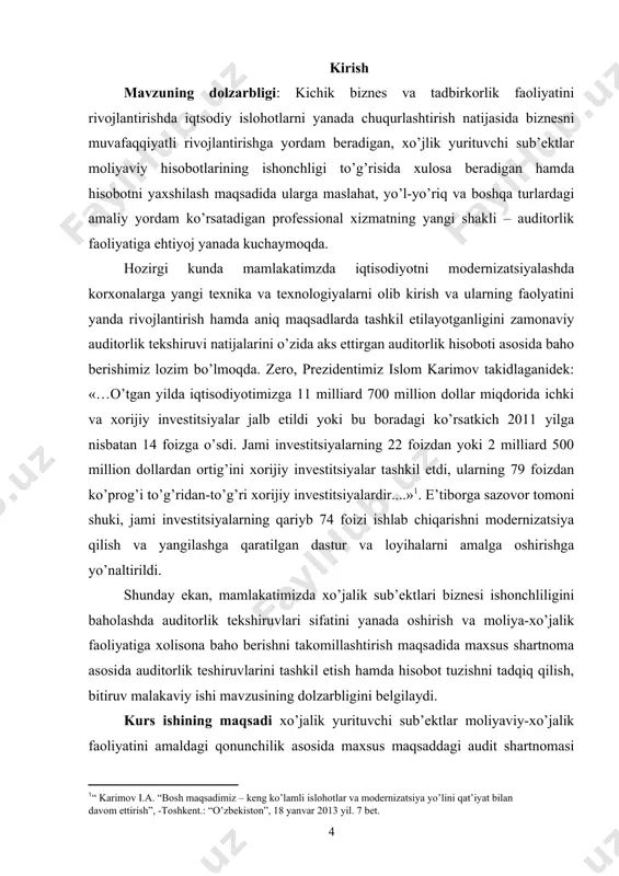sh; · auditorlik faoliyatining xalqaro standartlari asosida auditorlik hisobotini tuzish hamda taqdim etishni takomillashtirish; · maxsus maqsaddagi auditorlik tekshiruvi natijalari yuzasidan hisobot bo’yicha javobgarlikni oshirish bo’yicha ilmiy-amaliy takliflar berish; kurs ishimizning xulosa qismida maxsus maqsaddagi audit shartnomasi bo’yicha auditorlik hisobotini tuzish tartibi mvzusini o’rganish yuzasidan mustaqil ilmiy-amaliy asoslangan taklif va tavsiyalar berilgan. i bob. iqtisodiyotni modernizatsiyalash sharoitida auditorlik hisobotini tuzishning nazariy – xuquqiy asoslari 1.1. mamlakatimizda auditorlik tekshiruvlarini tashkil etishning huquqiy asoslari mamlakatimizda keyingi paytlarda auditorlik faoliyatini rivojlantirishga alohida e’tibor berilmoqda. «auditorlik faoliyati to’g’risida»gi qonunga (yangi tahriri) muvofiq «auditorlik faoliyatini takomillashtirish va auditorlik tekshirishlarining ahamiyatini oshirish to’g’risida» vazirlar mahkamasining qarori tasdiqlandi. buning natijasida malakali auditorlarni tayyorlash, qayta tayyorlash hamda auditorlik faoliyatini litsenziyalashda jiddiy o’zgarishlar sodir bo’ldi. bu o’z navbatida auditorlar va auditorlik tashkilotlarini huquq va mas’uliyatlarini yanada oshirdi va ular o’rtasida raqobat kuchaydi. ushbu auditorlik faoliyatni rivojlantirish esa ko’p jihatdan nazariy, huquqiy-me’yoriy, amaliy tashkil etish jihatlarini ilmiy asoslangan holda takomillashtirishga …