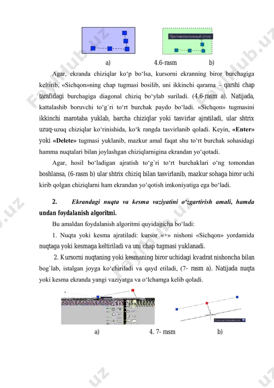 ish nuqtalari va radiusi-(kkr) kiritiladi; agar, aylana markazi kiritilib kayd etilca, navbatdagi so‘rov paydo bo‘ladi: «aylananing radiusini kiriting yoki [diametrini]:» 3. radius qiymati 50 mm «enter» kiritilib, qayd etiladi. natijada, radiusi 50 mm bo‘lgan aylana chiziladi. agar, aylana diametri qiymatidan foydalanib chizilsa, oxirgi so‘rovga «d» harfi kiritiladi va qayd etiladi. navbatdagi so‘rovga diametr qiymati kiritiladi va qayd etiladi. natijada berilgan diametrda aylana chiziladi. 1-misol: diametri 50,74 mm bo‘lgan aylana chizilsin. «risovanie» menyusidan foydalanib yuqoridagi misolda keltirilgan aylana quyidagicha chiziladi: 1.«risovanie» menyusi yuklanadi: undagi «krug» buyrug`iga kiriladi va uning darchasi ro‘yhatidagi «tsentr. radius» buyrug`i o‘rniga «tsentr. diametr» buyrug`i yuklanadi, 4.8- rasm a. a) b) 4.8- rasm 2. muloqotlar qatoridagi so‘rovga aylana markazi «sichqon» yordamida yoki terib kiritiladi va enter bilan qayd etiladi. 3. navbatdagi so‘rovga diametr qiymati kiritiladi. natijada berilgan diametrda aylana chiziladi, (4.8-rasm b). mustahkamlash uchun savollar: 1. черчение paneliga qaysi buyruqlar to’plami kiradi? 2. круг buyrug’ida qanday vazifalarni bajarsa …