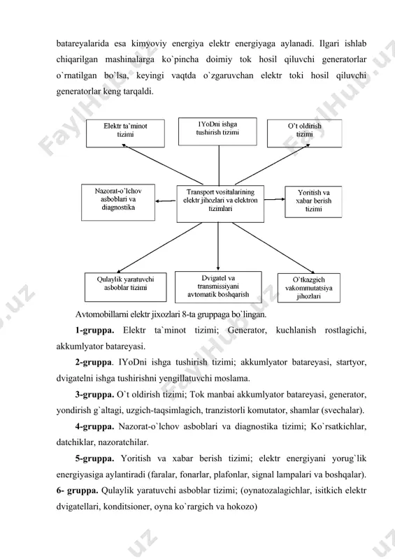 `ir sharoitda ishlagani uchun elektr asbob va agregatlarining normal ish sharoiti buziladi. shuning uchun hozirgi vaqtda sanoatimiz puxta elektr jihozlarini ishlab chiqarmoqda, elektr jihozlarining tavsifnomasi yaxshilangan, yaxshi izolyatsiya materiallari va antikorrozion qoplamalar qshllangan, elektr asboblarining yangi xillari yaratilmoqda. lekin avtomobillarni ishlatish tajribasi shuni ko`rsatadiki, uchraydigan nuqsonlarning 30-35% elektr jihozlariga to`g`ri kemoqda. akkumulyator batareyasining tuzilishi va konstruktsiyasining o`ziga xos tomonlari transport vositalarining elektr jihozlari tizimida akkumulyatorlar batareyasi keng qo`llaniladi. uning elektr energiyasidan dvigatelni yurgizib yuborishda, o`t oldirish tizimida hamda tirsakli valning aylanishlar soni kichik bo`lganda yoki dvigatel ishlamay turganda boshqa iste`molchilarni tok bilan ta`minlashda foydalaniladi. ichki yonuv dvigatellarini elektr tok yordamida yurgizib yuborish tizimlari bir necha yuz amperga yetadigan katta tok bilan ishlaydi. bunday tok starter tipidpgi maxsus akkumulyatorlardan olinadi. qo`rg`oshin-kislotali akkumulyatorlar batareyasidan transport vositalarining elektr jihozlarida foydalaniladi. ular startyor akkumulyatorlar batareyasi tipiga taluqlidir, chunki qisqa vaqt ichida (5-10s) katta tok (200-5600a) bera oladi va bunda ularning texnikaviy holati o`zgarmaydi. akkumulyatorlar …