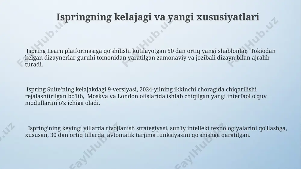 ning 20% ga yaqinini faol ishtirok etishga undaydi, shuningdek, toshkentdagi ta'lim muassasalarida o'tkazilgan tadqiqotlar shuni ko'rsatdiki, ularning bilim darajasini 15% ga oshiradi. interfaol dialoglar yordamida 50 dan ortiq turli vaziyatlarni modellashtirish va samarqanddagi universitet talabalariga amaliy ko'nikmalarni rivojlantirish mumkin. mavzuli dialoglar, 3 ta turli rollarni o'z ichiga olgan holda, andijon viloyatining maktablarida o'qituvchilar va o'quvchilar o'rtasida samarali muloqotni o'rnatishda yordam beradi va muloqot madaniyatini 10% ga yaxshilaydi. mavzuli dialoglarni yaratish usullari ispring learn platformasi orqali 1000 dan ortiq foydalanuvchi bilan o'tkazilgan testlar natijalariga ko'ra, interaktiv mavzuli dialoglarni qo'llash o'quv samaradorligini 25% ga oshirdi, bu esa aqsh va yevropa mamlakatlaridagi ta'lim muassasalarida qo'llanilmoqda. mavzuli dialoglarni yaratishda 7 bosqichli jarayon qo'llaniladi, unda har bir bosqichga o'rtacha 2 soat vaqt ajratiladi, shu jumladan, audio yozuvlarni tahrirlash va 10 ta turli effektlar qo'shish imkoniyati ham mavjud. ispring suite dasturiy ta'minotida 30 dan ortiq turli mavzularda tayyor shablonlar mavjud bo'lib, ular toshkentdagi dizaynerlar tomonidan yaratilgan …