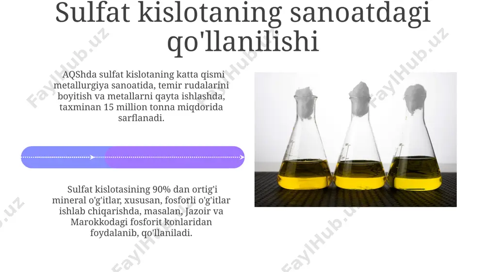 ва бу жараёнда 60-78% ли сульфат кислотаси ҳосил бўлган. oltingugurt: kirish oltingugurtning jahon miqyosidagi yillik ishlab chiqarilishi 70 million tonnadan oshadi, asosiy yetkazib beruvchilar esa xitoy, aqsh va rossiya hisoblanadi. oltingugurtning erish harorati 115,21 °c ni tashkil etadi, bu esa uning qayta ishlanishi va transporti jarayonlarini aniqlaydi. markaziy osiyo mintaqasida oltingugurt konlari mavjud. oltingugurtning topilish joylari va qazib olishi oltingugurtning 80% gacha qismi frasch usuli bilan yer ostidan eritib qazib olinadi; bu usulda suv va bugʻ yordamida 150-180°s gacha qizdiriladi va keyin yer yuzasiga chiqariladi. oltingugurtning asosiy konlari oʻzbekistonning gʻarbiy qashqadaryo viloyatida, xususan, muborak va sharshari konlarida joylashgan boʻlib, yillik qazib olish hajmi 1,5 million tonnaga yaqin. sulfat kislotaning ekologik muammolari sulfat kislota ishlab chiqarishda 2-3 million tonna oltingugurt dioksid gazining atmosfera ifloslanishiga olib kelishi, ayniqsa, samarqand viloyatidagi zavodlarda bu muammo dolzarbdir. sulfat kislota ishlab chiqarish jarayonida hosil bo'lgan chiqindilarning to'g'ri utilizatsiya qilinmasligi, ayniqsa, toshkent yaqinidagi hududlarda 10 ga yaqin …