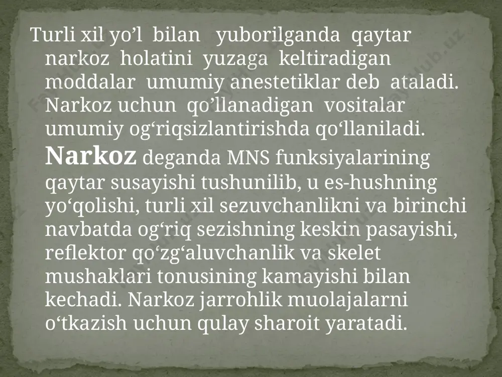 i tor bo‘lganligidan hozirda narkoz uchun ishlatilmaydi. gazsimon narkotik vositalar . azot (i)-oksi suyuq, 10mlli metall ballonda. rangsiz, hidsiz gaz bo‘lib, mahalliy qitiqlovchi xususiyati yo‘q, zaharsiz modda hisoblanadi. narkotik kuchi sust. narkoz rivojlanishi uchun uni nafas yo‘llariga 94 hajm % miqdorida kiritish kerak, lekin bunda gipoksiya vujudga keladi. agar 80-86% miqdorda berilsa, yuzaki narkoz rivojlanadi (“shodlantiruvchi gaz”). anesteziologiyada 80% azot (i)-oksidi va 20% kislorod aralashmasidan foydalaniladi. siklopropan suyuq, 1-2mlli po'lat ballonda. azot (i)-oksididan narkotik va og‘riqsizlantirish kuchi yuqoriligi bilan farq qiladi. narkotik ta'sir kengligi katta.tez yuzaga chiquvchi (3-5 min), chuqur, qo‘zg‘alish bosqichi juda sust va qisqa bo‘lgan narkoz chaqiradi. bunda skelet mushaklari yaxshi bo‘shashadi, narkozni boshqarish yengil, narkozdan uyg‘onish qisqa (bir necha daqiqa). noingalyasion narkoz vositalari ta'sir davomiyligiga qarab quyidagi guruhlarga bo‘linadilar: -qisqa muddatli (15 daqiqagacha) – propanidid, ketamin. -o‘rtacha muddatli (20-50 daqiqa) – tiopental-na, predion. -uzoq muddatli (60 daq.va undan uzoq) – oksibutirat natriy propanidid 5% -10ml (har 1 …