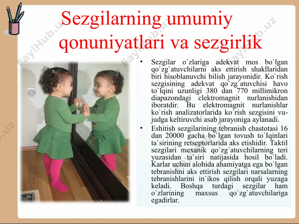 a) sezgilari ta'm bilish sezgilari shirin, achchiq, nordon, sho’r singari mazalarni shis qilish bilan tavsiflanadi. ular muayyan turkumga kiritilgan va kiritilmagan xilma-xil turlarga ega bo’lib, narsalarning, moddalarning nomlari bilan yuritiladi: nonning mazasi, qovunning mazasi kabilar. ta'm bilish sezgilarining organi tilning yuzasi va tanglayning yumshoq qismidan tashkil topgandir. tilning shilliq pardasida maxsus ta'm bilish so’rqichlari mavjud bo’lib, ularning tarkibida tayoqsimon shujayralardan tuzilgan maxsus ta'm bilish "kurtaklari" ("so’qonlari") ga ega. o’ziga xos xususiyatlari, sifatlari bilan tafovutlanuvchi ta'm bilish so’qonlari til yuzasida bir tekis taqsimlanmaganligi uchun uning orqa qismi achchiq mazani, uchi shirin mazani, chetlari esa nordon mazani aniq sezadi, lekin uning o’rtasi bo’lsa ta'm mazasini aks ettira olmaydi. teri sezgilari teri sezgilari tarkibi tuyish va sharorat turlaridan iborat bo’lib, ularning bunday nomlanishining bosh omili - bu reseptorlarning teri va organizmning tashqi shilliq pardalarida joylashganligidir. tuyish sezgilari ikki xil axborotni qabul qilish imkoniyatiga ega bo’lib, ularning birinchisi tegish va tarqalishni tuyish sezgilar, ikkinchisi …