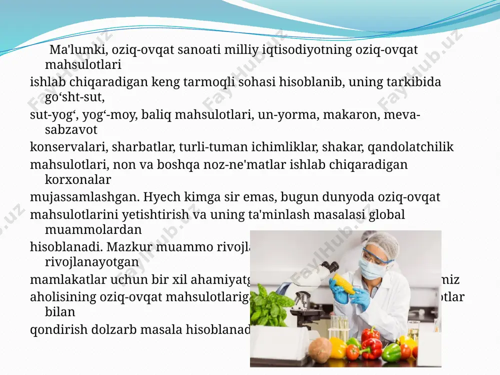 hi tarmoq hisoblanadi. bugunki kunda mamlakat iqtisodiy barqaror o‘sishini, aholi farovonligini ta'minlash, aholini ijtimoiy himoya qilish, zaruriy birlamchi mahsulotlar bilan ta'minlash dolzarb masala hisoblanadi. bu muammoni hal etishda mavjud resurslardan samarali foydalanish, oziq-ovqat sanoati korxonalarini takomillashtirish, modernizatsiya va diversifikatsiya qilish maqsadida chet el investitsiyalarini jalb etishni yanada kuchaytirish zarur. buning natijasida oziq-ovqat mahsulotlarini ishlab chiqarish texnologiyalarini takomillashtirish va ishlab chiqarish jarayonini tezlashtirish, yangi ishlab chiqarish liniyalarini joriy etish, mahsulotlar turini va sifatini oshirish, aholining iste'mol tovarlariga bo‘lgan ehtiyojini to‘liq qondirish imkoniyati yuzaga keladi. xulosa: oʻzbekiston respublikasida 2022-yilning yanvar-fevral oylari davomida jami faoliyat yuritayotgan 21074 ta oziq-ovqat mahsulotlari ishlab chiqarish sanoati korxonalari tomonidan 6736,7mlrd. soʻm qiymatga teng boʻlgan mahsulotlar ishlab chiqarildi. tarmoqning 2021-yilning yanvar-fevral oylariga nisbatan fizik hajm indeksi 106,4 % ni tashkil etdi. oziq-ovqat mahsulotlari ishlab chiqarish sanoati korxonalari tomonidan respublika miqyosida ishlab chiqarilgan mahsulotlarning jami hajmida eng yuqori ulush toshkent viloyati 17,8 % (2180 ta oziq-ovqat sanoati korxonalari tomonidan),toshkent …