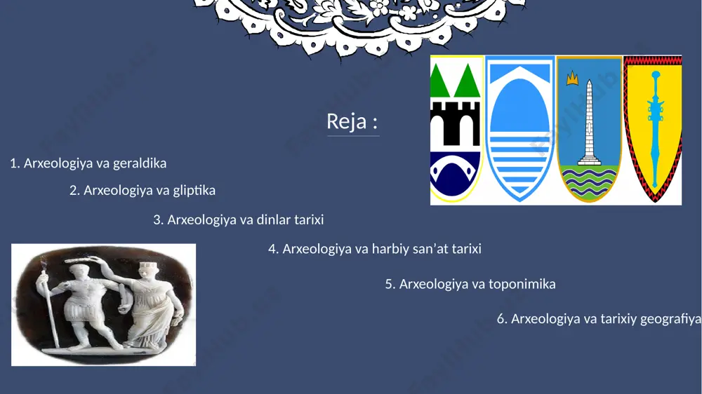mizning iqtisodiy va ijtimoiy hayotini, turmush madaniyati va sanʼatini oʻrganishga, davlatlar va sulolalar tarixini oydinlashtirishga xizmat qiluvchi manbalardan biridir. geraldika genealogiya, numizmatika, paleografiya va sfragistika kabilar bilan aloqador. geraldika maʼlumotlari tarix fanining boshqa sohalarida ham qoʻllaniladi. 4 add your words here,according to your need to draw the text box size.please read the instructions and more work at the end of the manual template. add your title add your words here,according to your need to draw the text box size.please read the instructions and more work at the end of the manual template. add your title add your words here,according to your need to draw the text box size.please read the instructions and more work at the end of the manual template. add your title add your title 2. arxeologiya va gliptika gliptika (yun. qlypho — kesaman) — qimmatbaho, yarim qimmatbaho toshlarga naqsh yoki tasvir oʻyish sanʼati; amaliy bezak sanʼati turi. …