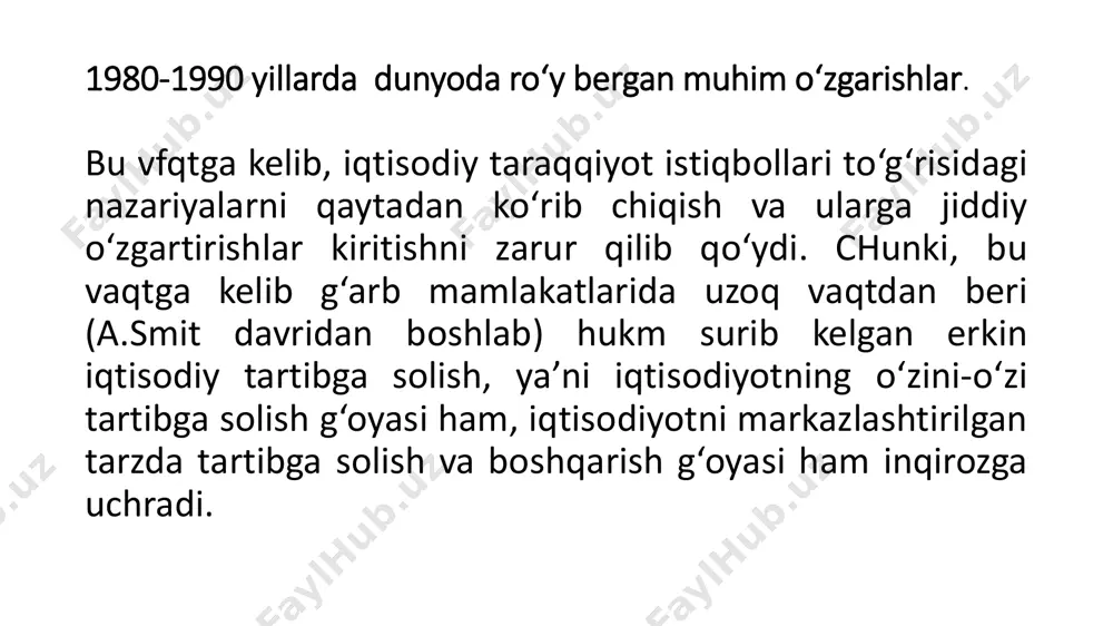 ham alohida ko‘rsatish mumkin. jumladan, xitoy, vetnam kabi ilgari faqat ma’muriy-buyruqbozlik iqtisodiyotiga asoslangan mamlakatlar bugungi kunda tub islohotlar orqali samarali bozor iqtisodiyotini vujudga keltirish borasida sezilarli muvaffaqiyatlarga erishmoqdalar. bularning barchasi bozor iqtisodiyotiga o‘tish yo‘llarining o‘ziga xos xususiyatlaridir. bozor iqtisodiyotiga yo‘llaaaari. jahon tajribasi ko‘rsatishicha, bozor iqtisodiyotiga revolyusion yo‘l bilan, ya’ni jadal usulda yoki evolyusion yo‘l bilan, ya’ni bosqichma-bosqich o‘tish mumkin. birinchi holda, tub islohotlarni o‘tkazish, avvalgi tizimni va tarkib topgan iqtisodiy munosabatlarni birdagina va batamom sindirish talab etilib, «karaxt qilib davolash» usuli («shokovaya terapiya») deb ataladi. eski iqtisodiy munosabatlarni bosqichma-bosqich yangi bozor munosabatlariga aylantira borib, samarali bozor iqtisodiyotini shikastsiz vujudga keltirish mumkin. islohotlar tajribasi shuni ko‘rsatadiki, evolyusion yo‘l kamroq ijtimoiy larzalarga olib keladi, ancha izchil va muqarrardir. ma’muriy-buyruqbozlik iqtisodiyotidan hozirgi zamon bozor iqtisodiyotiga o‘tishning zarurligi. ma’muriy-buyruqbozlik iqtisodiyotidan hozirgi zamon bozor iqtisodiyotiga o‘tishning zarurligi iqtisodiy o‘sish ekstensiv omillaridan foydalanish imkoniyatlarining tugab borishi bilan notovar iqtisodiyotning amal qilish layoqatining pasayishi orqali ifodalanadi. ma’muriy-buyruqbozlik …