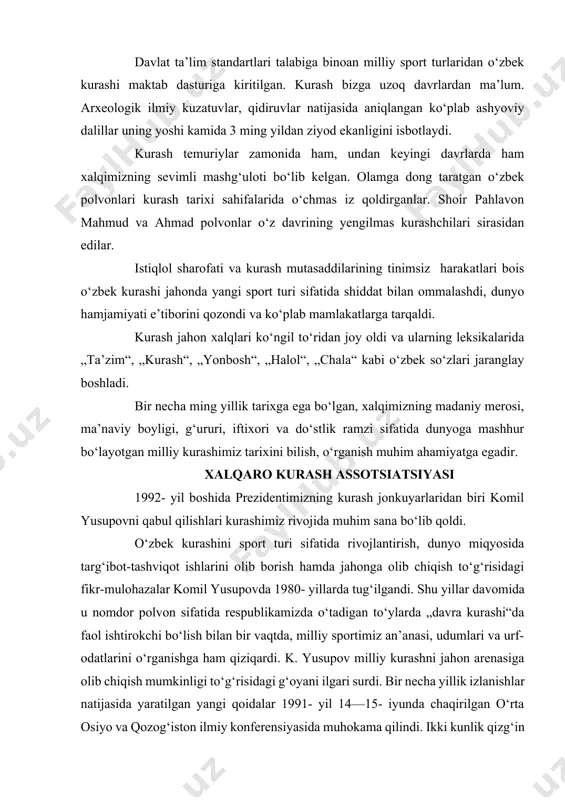 pov milliy kurashni jahon arenasiga olib chiqish mumkinligi to‘g‘risidagi g‘oyani ilgari surdi. bir necha yillik izlanishlar natijasida yaratilgan yangi qoidalar 1991- yil 14—15- iyunda chaqirilgan o‘rta osiyo va qozog‘iston ilmiy konferensiyasida muhokama qilindi. ikki kunlik qizg‘in munozaradan keyin mazkur qoidalar, hakam va kurashchilarning kiyimlari tasdiqlandi. kurash qoidasida polvonlarning ijobiy harakati, asosan, „halol“, „yonbosh“, „chala“ atamalari bilan baholanadi. bir marotaba ko‘rgan tomoshabin-u polvonlar bu kurash qoidalarini osongina va tez o‘zlashtirib oladilar. shu tufayli ishlab chiqilgan xalqaro kurash qoidasi qisqa vaqt ichida kurash mutaxassislariga, murabbiylarga, hakamlarga, eng asosiysi, kurash muxlislariga va xalq ommasiga ma’qul bo‘ldi. bulardan tashqari, davra kurashi an’analarini e’tiborga olib sport tarixida birinchi marotaba kurash qoidasida 36 yoshdan 65 yoshgacha va undan katta yoshdagi polvonlar vazn toifalari kiritildi. bu esa kurashimizning obro‘-e’tiborini juda ham ko‘tarib yubordi. chunki 35—40 dan katta yoshdagi polvonlar kurashdan umidlarini uzgandilar. 1998- yilning 6- sentabr sanasi o‘zbek kurashining tarix sahifalariga olamshumul voqea yuz bergan kun sifatida …