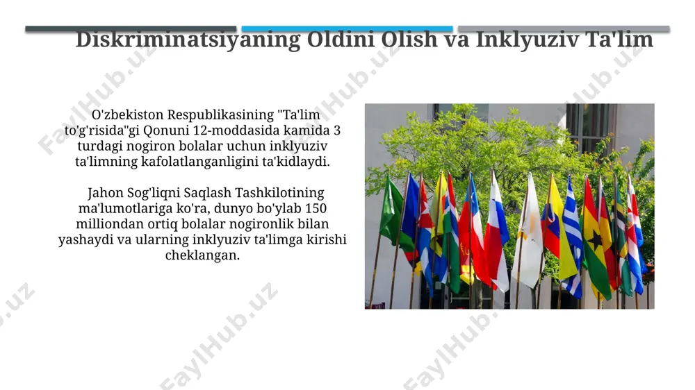 ing inklyuziv ta'limga oid konventsiyalari bmtning inklyuziv ta'limga oid tavsiyalari, ta'limning barcha darajalarida, jumladan, maktabgacha ta'lim, boshlangʻich, oʻrta va oliy ta'limda, inklyuziv yondashuvni qoʻllash zarurligini ta'kidlaydi va qoʻllab-quvvatlash xizmatlarini kengaytirishni taklif qiladi. konvensiya, kamida 150 ta davlat tomonidan ratifikatsiya qilingan boʻlib, ta'lim muassasalarida diskriminatsiyani taqiqlash, inklyuziv ta'lim siyosatini ishlab chiqish va amalga oshirish boʻyicha majburiyatlarni belgilaydi. xalqaro huquq va inklyuziv ta'lim конвенциялар ва халқаро шартномаларнинг тахминан 70% дан ортиғида ногиронларнинг инклюзив таълимга бўлган ҳуқуқи тўғридан-тўғри ёки билвосита кўрсатилган. халқаро ҳуқуқнинг 1930 йиллардан бошлаб мажбурий таълимга оид конвенциялари инклюзив таълим принципларини ривожлантиришга асос солган бўлиб, бунда камчилиги бор болаларни алоҳида таълим муассасаларига жойлаштиришни чеклайди. inklyuziv ta'limda davlatning rol va majburiyatlari o'qituvchilarni inklyuziv ta'lim metodlari bo'yicha qayta tayyorlash dasturlarini ishlab chiqish va amalga oshirishda davlatning roli muhim bo'lib, bu dasturlar kamida 100 soatlik kurslarni o'z ichiga olishi kerak. davlat, inklyuziv ta'limni rivojlantirish uchun byudjetning kamida 5%ini maxsus pedagogika va inklyuziv resurslarga ajratishni …