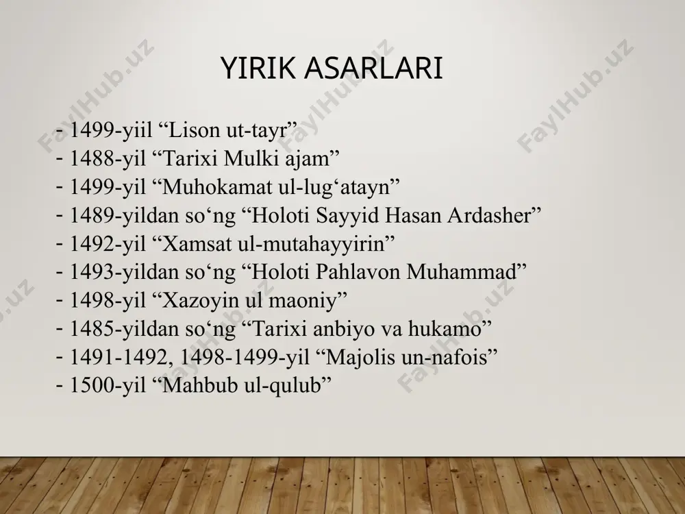 vga toʻnkagay, oʻz qora yuzini yogʻga bulaydi. ozgina yolgʻon ham ulugʻ gunohdir; ozgina zahar ham halok qiluvchidir. nafing agar xalqqa beshakdurur bilki, bu nafʼ oʻzungga koʻprakdurur. odami ersang demagil odami, onikim yoʻq xalq gʻamidin gʻami. onalar oyogʻi ostidadur ravzayi jannatu jinon bogʻi. ravza bogʻi visolin istar esang, boʻl onaning oyogʻin tuprogʻi. yigitlikda yigʻ ilmning maxzani, qarilik chogʻi sarf qilgʻil ani. alisher navoiy nomidagi o‘zbek tili va adabiyoti universiteti navoiy gʻazal va ruboiylaridan namunalar qaro koʻzum qaro koʻzum, kelu mardumlugʻ emdi fan qilgʻil, koʻzum qarosida mardum kibi vatan qilgʻil. yuzung guliga koʻngul ravzasin yasa gulshan, qading niholigʻa jon gulshanin chaman qilgʻil. takovaringgʻa bagʻir qonidin hino bogʻla, itinggʻa gʻamzada jon rishtasin rasan qilgʻil. firoq togʻida topilsa tufrogʻim, ey charx, xamir etib, yana ul togʻda koʻhkan qilgʻil. yuzung visoligʻa yetsun desang koʻngullarni, sochingni boshtin ayogʻ chin ila shikan qilgʻil. xazon sipohigʻa, ey bogʻbon, emas moneʼ, bu bogʻ tomida gar ignadin tikan qilgʻil. yuzida …