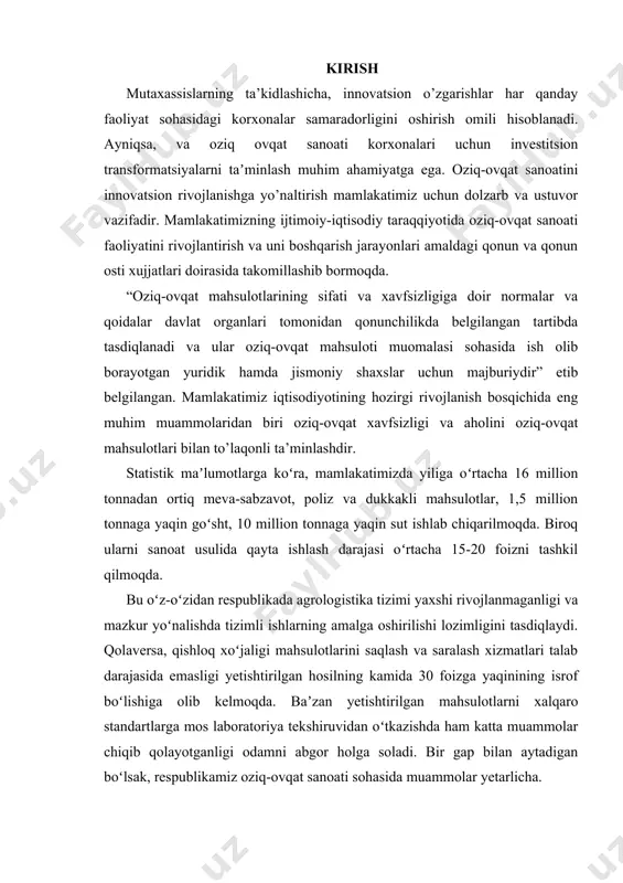 chki oziq-ovqat bozorida raqobatning kuchayishi sharoitida, nafaqat an’anaviy resurslardan, balki, birinchi navbatda, texnologik va tashkiliy asosda foydalanishga asoslangan yangi boshqaruv tizimi zarur. bu vazifa nazariy va amaliy xarakterdagi bir qator yangi muammolarni hal qilish uchun asos xisoblanadi. respublikada oziq-ovqat sanoati korxonalari tomonidan ishlab chiqarilayotgan asosiy turdagi oziq-ovqat mahsulotlari ekologik tozaligi, sun’iy emasligi, narxini arzonligi hamda sifat jihatidan iste’mol didini o’ziga tortishi bilan ajralib turadi. ammo, respublika oziq-ovqat sanoati sohasida hal etilmagan muammolar mavjud. chunki, mazkur mahsulotlar respublika aholisiga oziq ovqat bozorlarida sotilishi bilan birga chet mamlakatlarga ham eksport qilinmoqda. biroq, ekologik toza, jahon talablariga mos turdagi oziq-ovqat tovarlariga barcha xorijiy davlatlarda ehtiyoj juda katta. bu esa, oziqovqat sanoatini yanada rivojlantirishni talab etadi. ushbu soha xodimlarining vazifasi mavjud imkoniyatlardan samarali foydalanishni yo’lga qo’yishga erishishdan iboratdir. o’xshash uskunalar tahlili filtrlar ishlash prinsipiga qarab, filtrlar quyidagilarga bo‘linadi: o‘zgannas bosimlar farqi yoki o‘zgarmas filtrlash tezligida ishlaydigan filtrlar; filtr to‘siqda hosil qiladigan bosimlar farqiga qarab, …