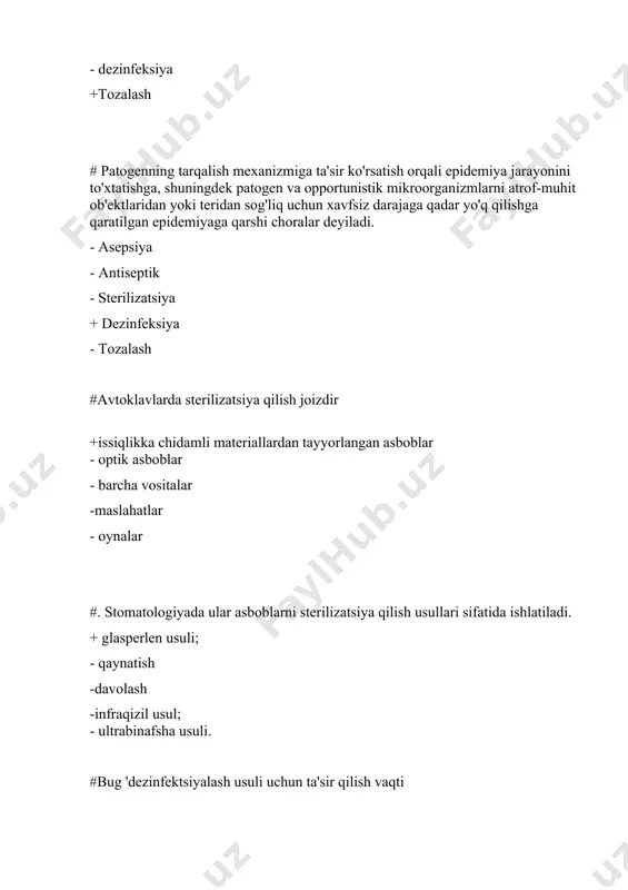 tashlang - infektsiya manbasini zararsizlantirish -mikroorganizmlarning vegetativ shakllarini yo'q qilish - faqat patogen mikroblarni yo'q qilish - barcha javoblar to'g'ri # csc tomonidan olingan asboblar quyidagilar bo'lishi kerak: - foydalanishdan keyin oqadigan suv ostida yuviladi -steril +dezinfektsiyalangan - yuvilmagan - faqat patogen mikroblarni yo'q qilish # yuvish vositalari: - dezinfektsiyalash vositalari + yuvish vositalari - teri antiseptiklari - xlor o'z ichiga olgan modda -alkogol # tozalash eritmasida vodorod periksning konsentratsiyasi (%): +3 -5 -7 -6 -1 # sterilizatsiyadan oldingi ishlov berishda 27,5% perhidroldan foydalangan holda 1 litr yuvish eritmasining tarkibi: -14 ml perhidrol + 2,5 g cmc + 1 litrgacha suv +17 ml perhidrol + 5 g cmc + 1 l gacha suv -33 ml perhidrol + 5 g cmc + 1 litrgacha suv -39 ml perhidrol + 5 g cmc + 1 litrgacha suv -3 ml perhidrol + 9 g cmc + 1 litrgacha suv # asboblarni sterilizatsiya qilishdan …