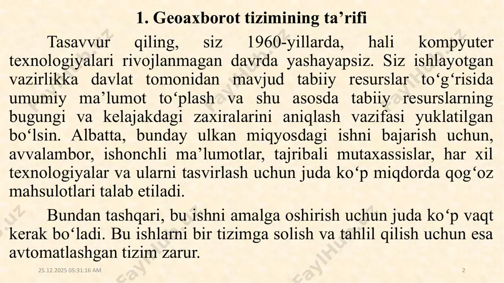 ishlab chiqarish deb tushunish toʻgʻri emas, chunki ushbu tizim orqali olingan ma’lumotlar tahlil etilib, muhim qarorlar qabul qilishda ham qoʻllaniladi. bu tizim bizga an’anaviy usulda yaratiladigan jadval ma’lumotlardan farqli ravishda ma’lumotlar soʻrovi, turli qatlamlarni birlashtirish kabi operatsiyalarni bajarish imkonini beradi. 01.12.2022 14:56:00 4 “geoaxborot tizimi–bu asosiy vazifalari tabiat va jamiyat hodisalarining geofazoviy ma’lumotlarini maxsus vositalar yordamida toʻplash, saqlash, boshqarish, tahlil qilish, modellashtirish va tasvirlashdan iborat boʻlgan mutaxassis va tahlilchilar boshqaruvi ostidagi umumlashgan dasturiy tizimdir”. 01.12.2022 14:56:00 5 geoaxborot tizimiga yana turlicha ta’riflar keltirish, u haqidagi muhokamalarni davom ettirish mumkin, biroq barcha ta’riflarning zamirida yuqorida keltirilgan asosiy ma’no yotadi. shuning uchun keltirilgan ta’rifni bosh ta’rif deb qabul qilish mumkin. yuqorida berilgan ta’rifdagi fazoviy-geografik ma’lumotlar turkumi deganda barcha yer toʻgʻrisidagi ma’lumotlarni, jumladan koordinatalarni, yer uchastkalari chegaralarini, ular joylashgan joy to’g’risidagi ma’lumotlarni, joyning huquqiy va iqtisodiy ma’lumotlarini hamda ko’plab muhim bo’lgan fazoviy ma’lumotlarni tushunish lozim. 01.12.2022 14:56:00 6 quyidagi rasmda geoaxborot tizimining umumiy …
