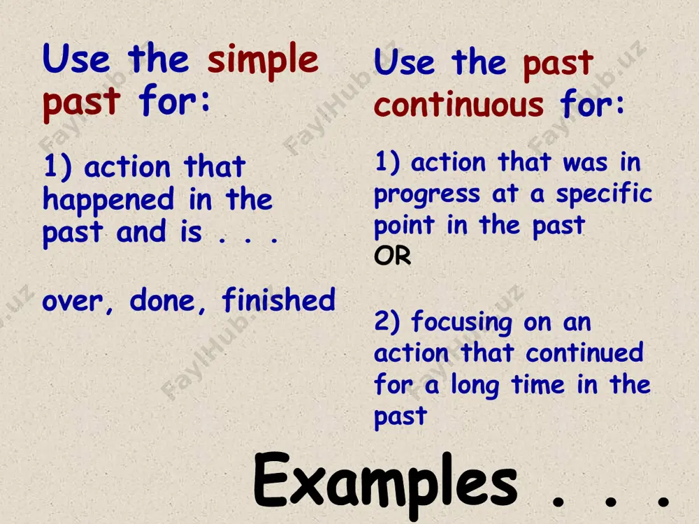 for the simple past tense: i, he, she, it was they, we, you were simple past (negative) for all verbs (except be), use: didn't simple form of verb + examples . . . 1) sara worked yesterday. sara didn’t work yesterday. 2) they had an argument. they didn’t have an argument. 3) sam took classes last year. sam didn’t take classes last year. 4) i learned how to sew. i didn’t learn how to sew. verb be (negative) for this verb only, never use didn’t. simply add the word not after the verb. i was tired. i was not tired. she was here. she was not here. they are happy. they are not happy. the past continuous: don’t forget that verb be is part of this structure. i, he, she, it was you, we, they were verb -ing + examples: my mom was trying to call me last night, but …