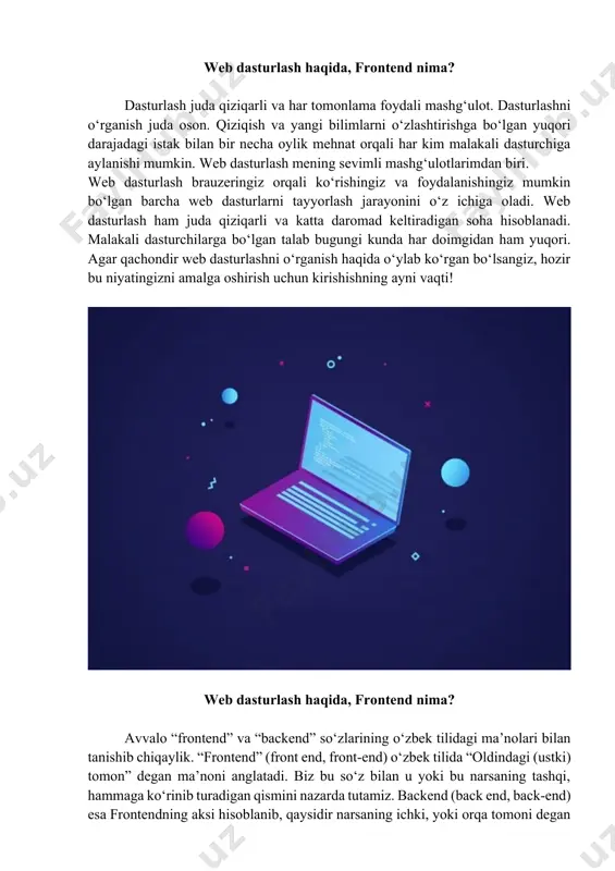 urlicha ish haqi to‘lanadi. bugungi kunda o‘zbekistonda malakali frontend dasturchilar oyiga o‘rtacha 300$ dan 1000$ gacha o‘rtacha daromad topishlari mumkin. quyida frontend dasturlash sohasiga kiruvchi til va texnologiyalar haqida batafsil ma’lumot berib o‘tamiz. asosan o‘raganish kerak bo‘lgan manbalar bo‘lar(frontend uchun) 🔻 front-end quyidagi texnologiyalar o‘rganiladi (mana shu ketma ketlikda): 🔸 html5 🔹 css3 🔸 javascript (es6) 🔹 bootstrap 🔸 jquery yoki js framework vue.js, react.js, angular 🔹sass 🔸 php html va css html va css veb sahifalar asosini tashkil qiladi. html saytda aynan nimalar joylashishi kerakligiga mas’ul bo‘lsa (matn, rasm, video), cssda ularning qaysi tartibda joylashuvi va qanday ko‘rinishda bo‘lishi yozib chiqiladi. sayt foydalanuvchilarga ko‘rinadigan elementlar html va cssda tuzilgani uchun bu ikkisisiz sayt tuzib bo‘lmaydi. shuning uchun ham frontend sohasini o‘rganish aynan shu texnologiyalardan boshlanadi. bularda bor imkoniyatlarga qo‘shimchalar va yangiliklar qo‘shilib, html5 va css3 standardlari ishlab chiqilgan. javascript va jquery javascript ham yuqorida aytib o‘tilgan texnologiyalar kabi frontend …