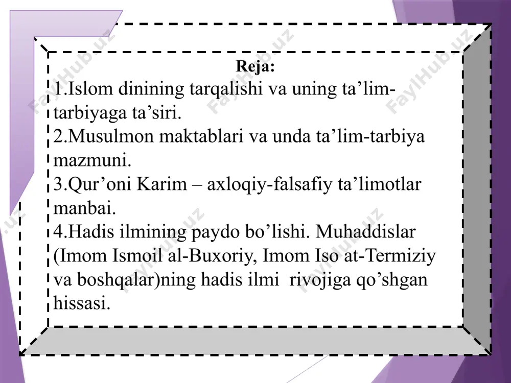 alash vazifalari. 1.qur’on-islom aqidalari e’tiqod va talablarini bayon qiladi. qur’on-kiroat o‘qish ma’nosini bildiradi. ilm-so‘zi 750; marta takrorlanadi. 2.huquqiy-ahloqiy meyorlari va tasviflarini ifodalaydi. - bu o‘zak allox, rabb (bo‘lmoq) gapirmoq kabi o‘zak-so‘zlardan keyin beshinchi o‘rinda turadi. 3.yosh avlodni ma’naviy-ma’rifiy kamolotiga oid fikrlar, qarashlar manbaidir; 96 surasi qur’onning asosiy mazmuni vositasi muxammad payg‘ambarga nazil bo‘lgan. alaq surasi 5 oyati “yaratgan robbing nomi bilan o‘qi!” ilmga qiziqtirish-zumar surasi; 9 oyat ilm va ilmsizlikni farqi; 4.insoniyatni ulug‘ maqsadlar sari birlashtiradi. alloh huzurida boshqalardan yuqori turishi mujodamasu ilmsizlar tanqid qilinadi. rum surasi 59 oyat ilmning uzluksizligi toho surasi 114 oyat 5.umumiy uyimiz-kurrai zaminda do‘st - birodar, axil - hamkor, bo‘lib yashashga o’rgatadi. ilmni haqiqat amali bilan bog‘lash, ilmiy asoslash. rum surasi 29 oyat; isro surasi 36 oyat 6.ma’naviyat-umuminsoniy madaniyat, ma’rifat boyliklaridan, jahon sivilizatsiyasi yutuqlaridan bahramand qiladi. ilmni ko‘r-ko‘rona taqliddan qaytarish surasi 11 oyat alloh o‘zining yagonaligiga ilmli kishilarni guvoh qiladi oli imron surasi 18 oyat …