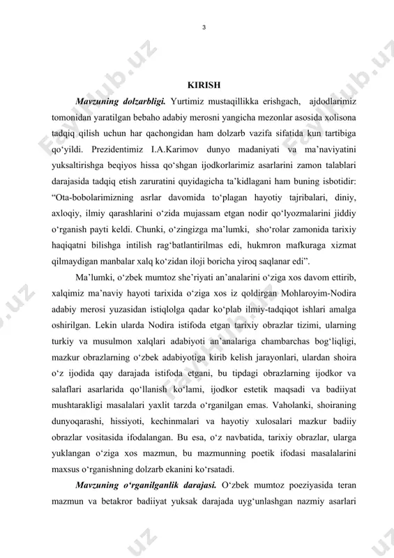 nazaridan tahlil etgan. tadqiqotning maqsadi. nodira ijodidagi tarixiy obrazlarning shoira poetik fikrini ifoda etishdagi o‘rni, ularning manbalari, mazmun-mohiyati, genetik kurtaklari, shoira ijodidagi o‘ziga xos jihatlari, mazkur obrazlar asosida yaratilgan asarlar badiiyatini tadqiq etish va ilmiy-nazariy umumlashmalar chiqarish bitiruv malakaviy ishning bosh maqsadidir. tadqiqotning vazifalari: - nodira ijodidagi tarixiy obrazlar tizimini aniqlash va tahlil etish; - tarixiy obrazlarning o‘zbek adabiyotidagi genetik kurtaklarini ko‘rsatib berish; - ijodkor nazmiy asarlari tahlili asosida tarixiy va mifik obrazlar munosabatini tadqiq qilish; - shoira ijodidagi tarixiy obrazlar tasvirlangan asarlarning mazmuni va poetik fikr uyg‘unligi, badiiy tasvir vositalarining ijodkor tafakkurini aks ettirishdagi o‘rni, ijodkor badiiy mahorati masalalarini tahlildan o‘tkazish; - ilmiy tadqiqot natijalaridan nazariy umumlashmalar chiqarish. tadqiqot natijalarining ilmiy va amaliy ahamiyati. ushbu tadqiqot natijalari o‘zbek mumtoz adabiyotidagi tarixiy shaxslar obrazining genetik kurtaklari yuzasidan xulosalar bildirilgani bilan nazariy ahamiyatga ega. bitiruv malakaviy ish natijalari tarixiy shaxslar obrazining nodira va salaflari ijodidagi o‘rni, ijodkorlarning poetik mahoratini ochib berishdagi …