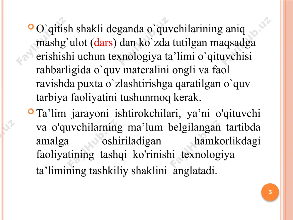 izlanadi, yangilikka intiladi, topshiriqlar yechimini ijodiy hal qiladi. 10 mehnatni tashkil etish shakllari mehnatni tashkil etishning xilma-xil shakllari mavjud bo'lib, mavzuning maqsadiga bog‘liq bo'ladi. chizma chizishni barchaga barobar o'rgatishda frontal, amaliy ish bajarishda zveno va yakka shakldan foydalaniladi. o'quvchilar va o'qituvchilar tomonidan birgalikda bajarilgan ish frontal usul deyiladi. har bir o'quvchi o'zi ish bajarsa yakka, bir necha o'quvchilar bitta amaliy ishni bajarsa zveno yoki frontal shakl deyiladi. 11 masofaviy ta’lim maxsus o'qitish vositalari yordamida o'qituvchi bilan bog'lanish, shaxsiy jadval bilan o'zi xohlagan joyda o'qishi, o'z ustida intensiv, mustaqil ishlashi lozim bo'lgan, maqsadga yo'naltirilgan bilim olish turi. 12 audio1.wav /docprops/thumbnail.jpeg