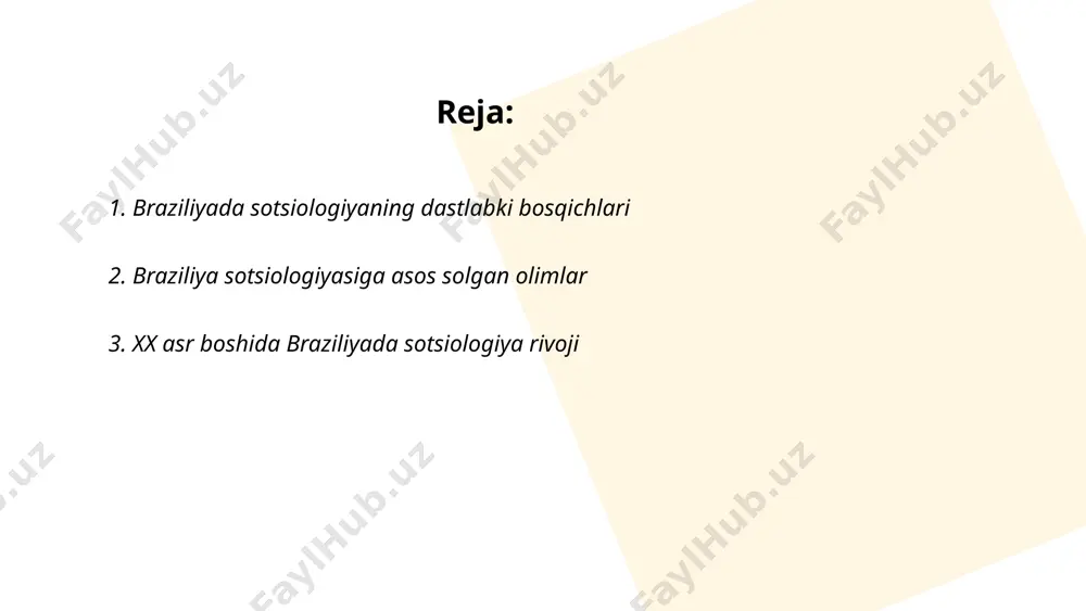 fernandes kabi olimlar bu davrda braziliya sotsiologiyasiga katta hissa qo'shishdi. 1950-yillarda ularning sa'y-harakatlari natijasida sotsiologiya fani braziliyada keng tarqala boshladi. bu davrda augusto comte va emil durkheim kabi yevropa sotsiologlari asarlari portugaliyaga tarjima qilinib, keng o‘rganildi. 1960-yillarga kelib, braziliya sotsiologiyasida milliy identiklik va ijtimoiy tengsizlik muammolari asosiy tadqiqot mavzulariga aylangan edi. shu yillar mobaynida braziliyalik tadqiqotchilar zamonaviy metodlarni qo‘llay boshladilar. ... t.me/slaydai_bot 4. braziliyada universitetlarda sotsiologiya taʼlimi braziliyada sotsiologiya taʼlimi ko'plab universitetlarda mavjud bo'lib, u davlat va xususiy oliy ta'lim muassasalarida olib boriladi. braziliya universitetlari orasida san-paulu universiteti, federal rio-de-janeyro universiteti va minas-jerais federal universiteti sotsiologiya bo'yicha mashhur dasturlarni taklif qiladi. sotsiologiya ta'limi bakalavr, magistr va doktorlik darajalari uchun mavjud bo'lib, bakalavr dasturi odatda 4 yilni tashkil etadi. o'quv dasturlari ijtimoiy nazariya, ilmiy tadqiqot usullari va amaliyotlarga qaratilgan. har yili braziliyadagi universitetlarda minglab talaba sotsiologiya yo'nalishiga qabul qilinadi, bu esa soha bo'yicha mutaxassislarni yetishtirishda muhim rol o'ynaydi. ... t.me/slaydai_bot getulio …