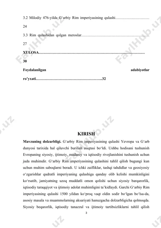 rim va vavarlarning yangi tarixi” asarida vahshiylar bosqinlarining roli va imperiyaning yemirilishidagi boshqa omillarni koʻrib chiqadi. bryan uord-perkins ingliz tarixchisi bo'lib, u g'arbiy rim imperiyasining qulashi ustida ham ishlagan. uning "rimning qulashi va tsivilizatsiyaning tugashi" asari g'arbiy evropada imperiya qulashining sivilizatsiyaga ta'sirini ta'kidlaydi va rimdan o'rta asrlardagi evropaga o'tish yumshoq o'zgarishlar edi, degan qarashga qarshi chiqadi. adrian goldsworthy rim tarixiga ixtisoslashgan britaniyalik tarixchi va g'arbiy rim imperiyasining qulashini ham o'rgangan. uning “rim qanday qulagani: super davlatning o‘limi” asari imperiyaning qulashiga olib kelgan siyosiy, harbiy va iqtisodiy omillarni tahlil qiladi. bu olimlar g‘arbiy rim imperiyasining qulashini o‘rganishga muhim hissa qo‘shgan va mavzu bo‘yicha turli nuqtai nazar va talqinlarni bergan. kurs ishining obyekti va predmeti. bu kursining obyekti, imperiyaning taqsimlanishi va boshqa siyosiy, iqtisodiy, madaniy va askiyaviy jarayonlar haqida tushuncha berishdir. bu kurs ishi imperiyaning zamonaviy mafkurasi, milliy va diniy qadriyatlari, ularning siyosiy va iqtisodiy tizimi, va imperiyadagi muhim tartibotlar haqida o'quvchilarni …